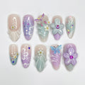 Flower Garden Medium Almond Press On Nails, 3D Flower Theme Fake Nail Art, Unique Design Nail for Summer Holiday Vacation Event