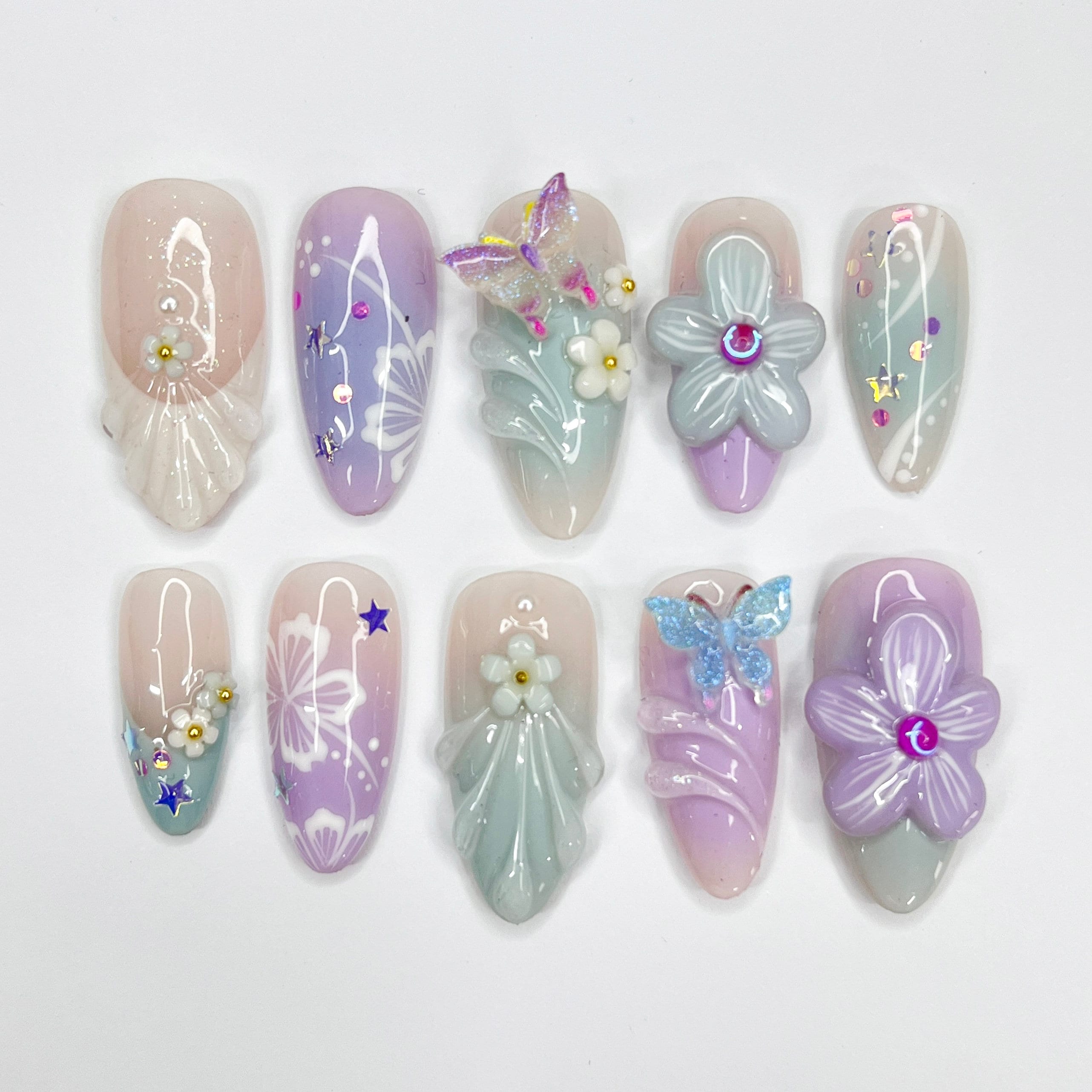 Flower Garden Medium Almond Press On Nails, 3D Flower Theme Fake Nail Art, Unique Design Nail for Summer Holiday Vacation Event