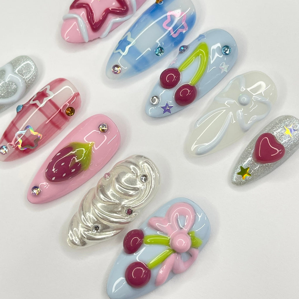 Strawberry Berry Pinnky Almond Press On Nails, 3D Gel Fairycore Fake Nails, Dreamy Nails for Birthday Vacation Holiday