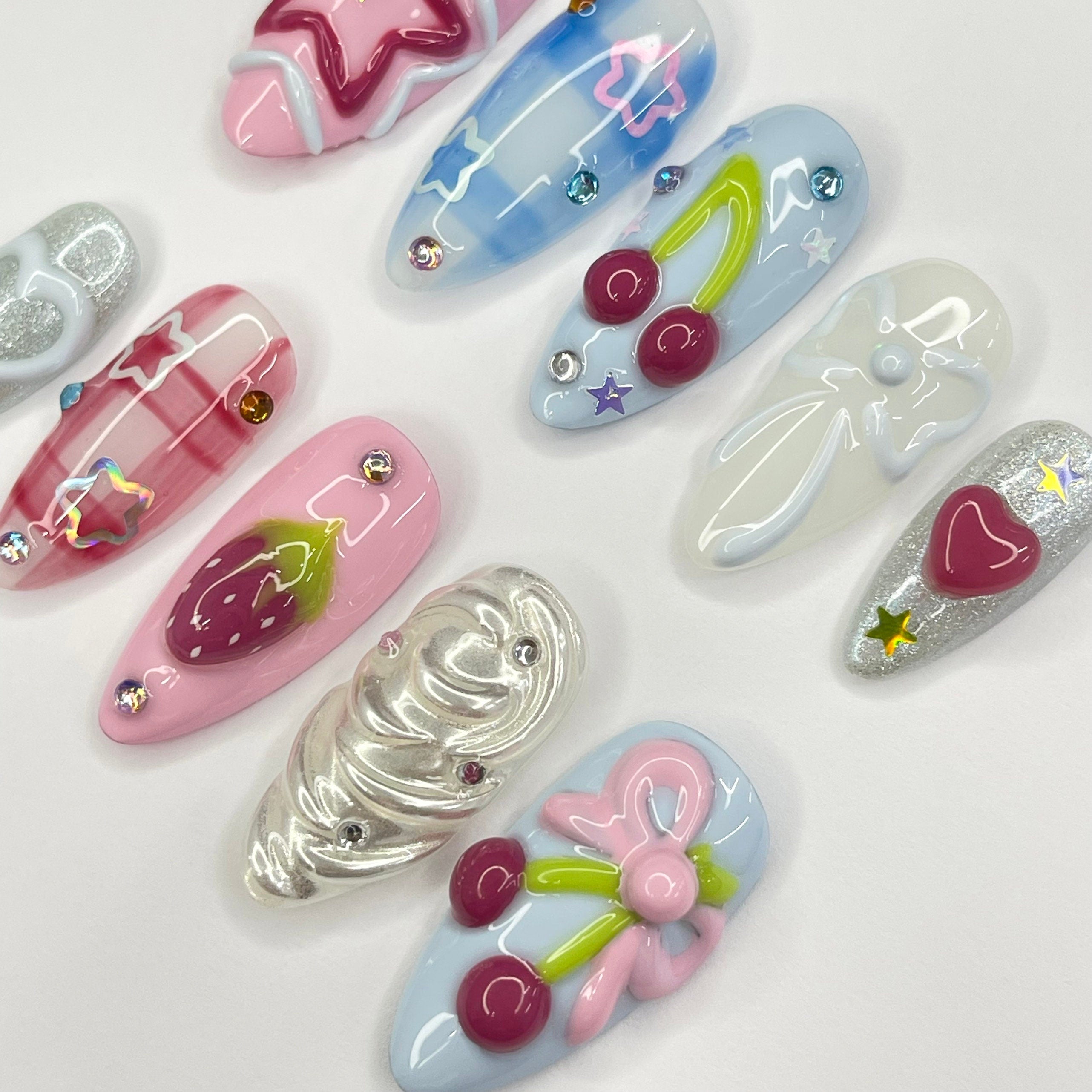 Strawberry Berry Pinnky Almond Press On Nails, 3D Gel Fairycore Fake Nails, Dreamy Nails for Birthday Vacation Holiday