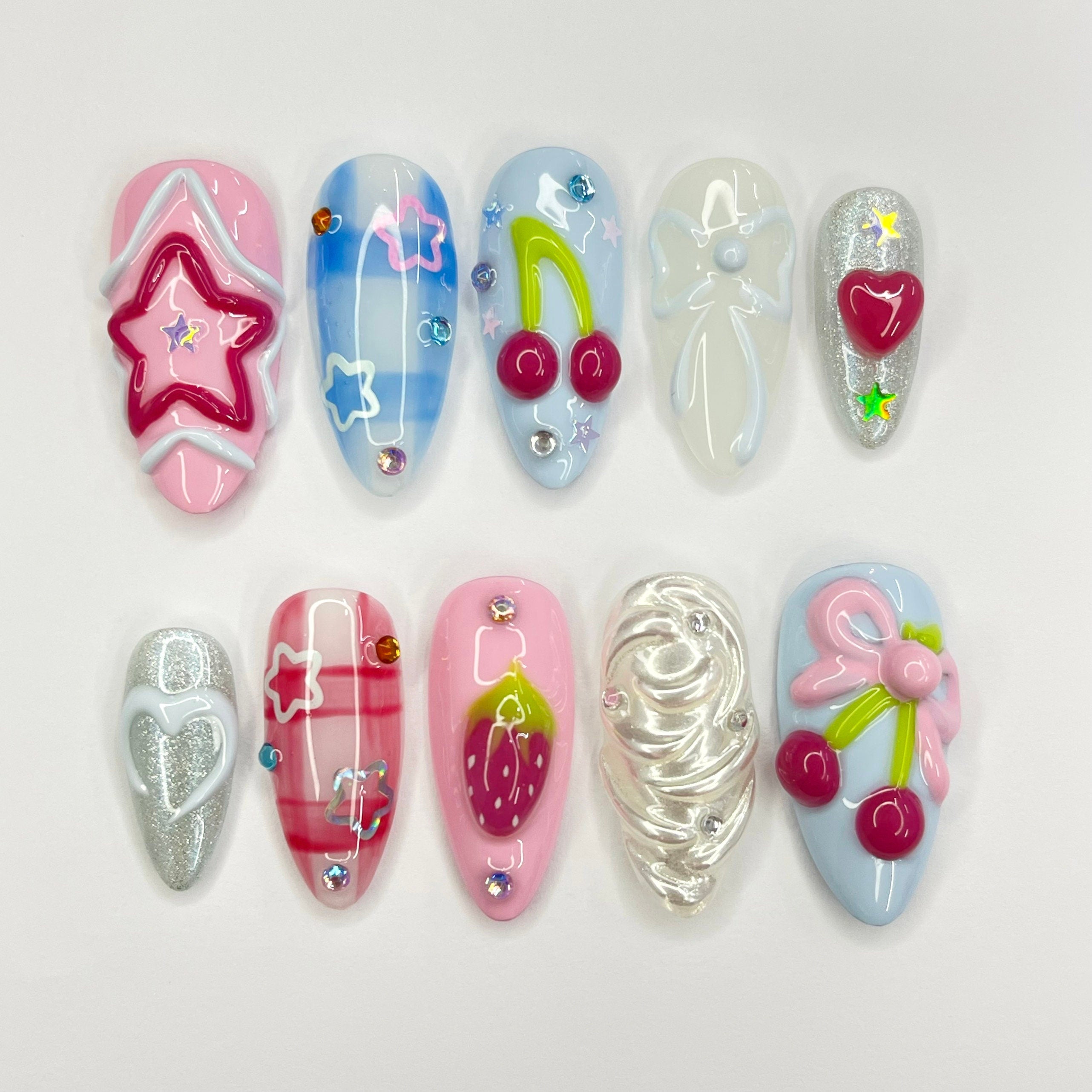 Strawberry Berry Pinnky Almond Press On Nails, 3D Gel Fairycore Fake Nails, Dreamy Nails for Birthday Vacation Holiday