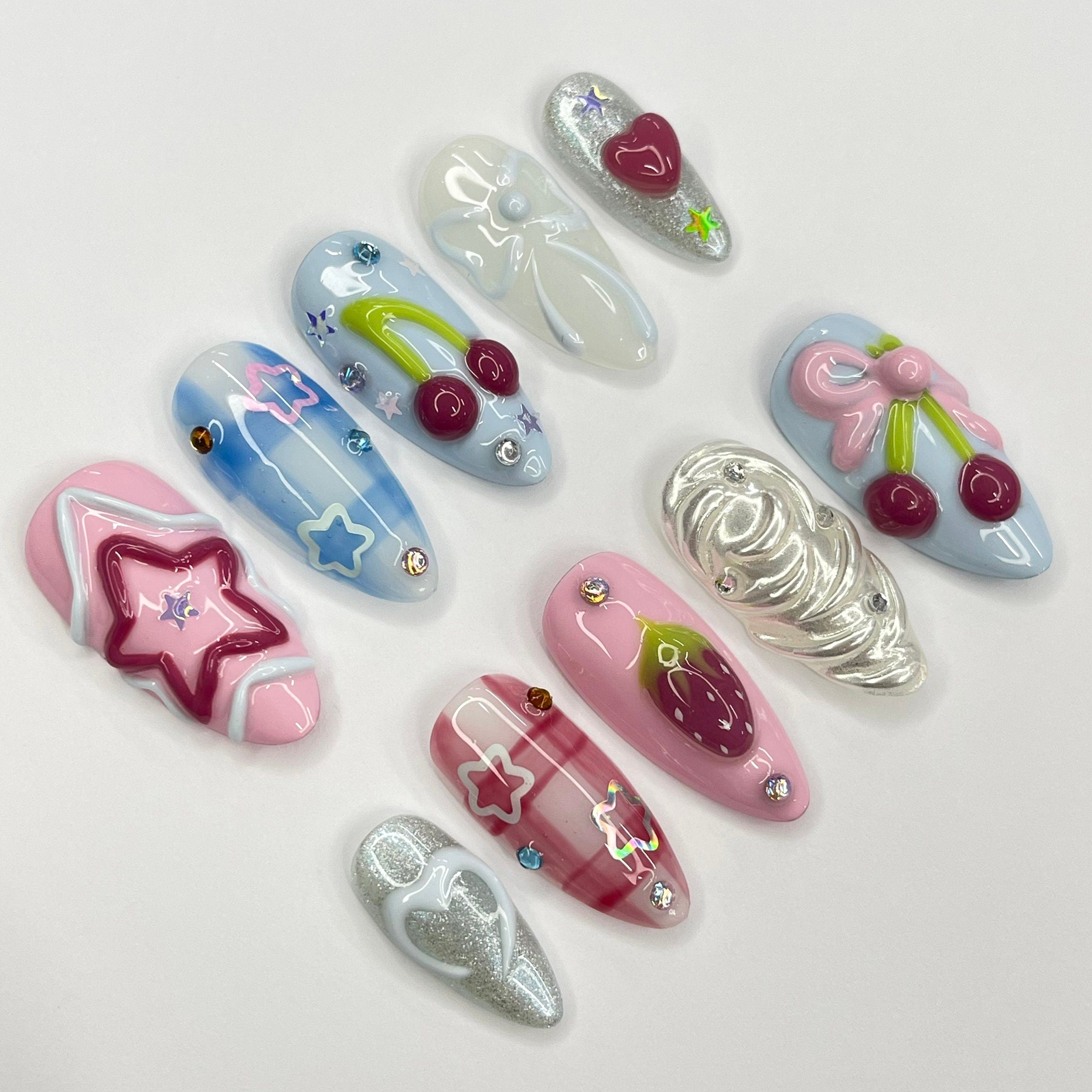 Strawberry Berry Pinnky Almond Press On Nails, 3D Gel Fairycore Fake Nails, Dreamy Nails for Birthday Vacation Holiday