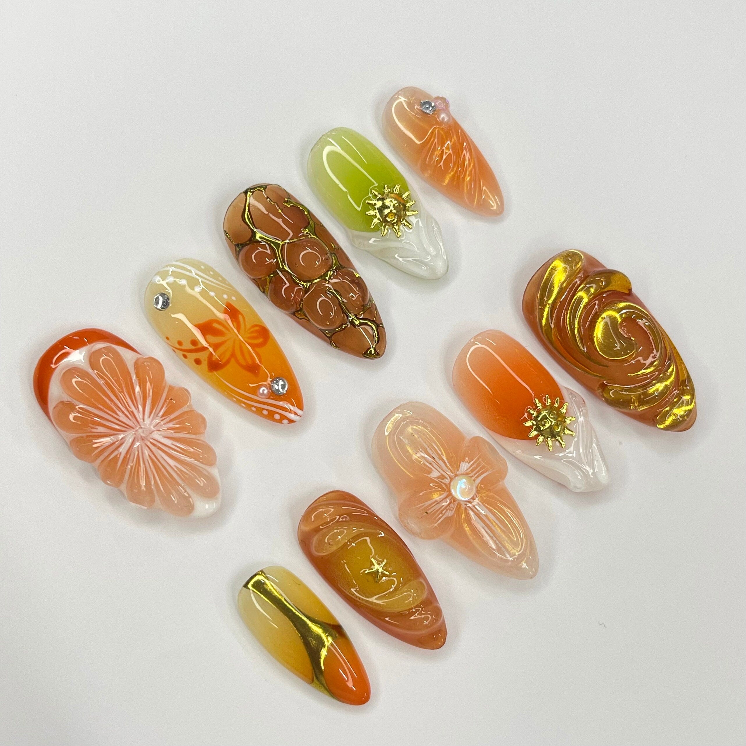 Sunset With Orange Fruit & 3D Flower Almond Press On Nails, 3D Gel Fairycore Fake Nails, Dreamy Nails for Birthday Vacation Holiday