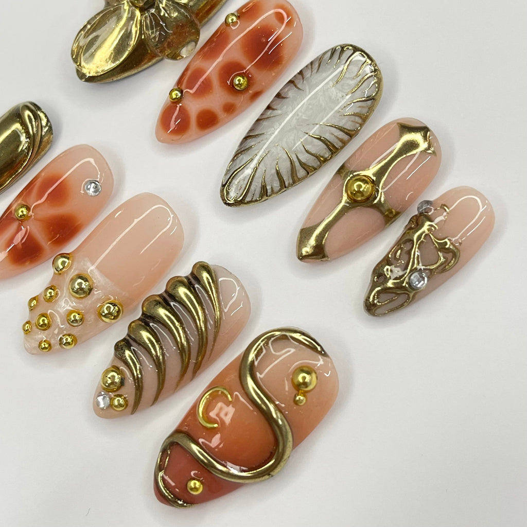 3D Flower With Gold Accent Freestyle Almond Press On Nails, 3D Gel Fairycore Fake Nails, Dreamy Nails for Birthday Vacation Holiday