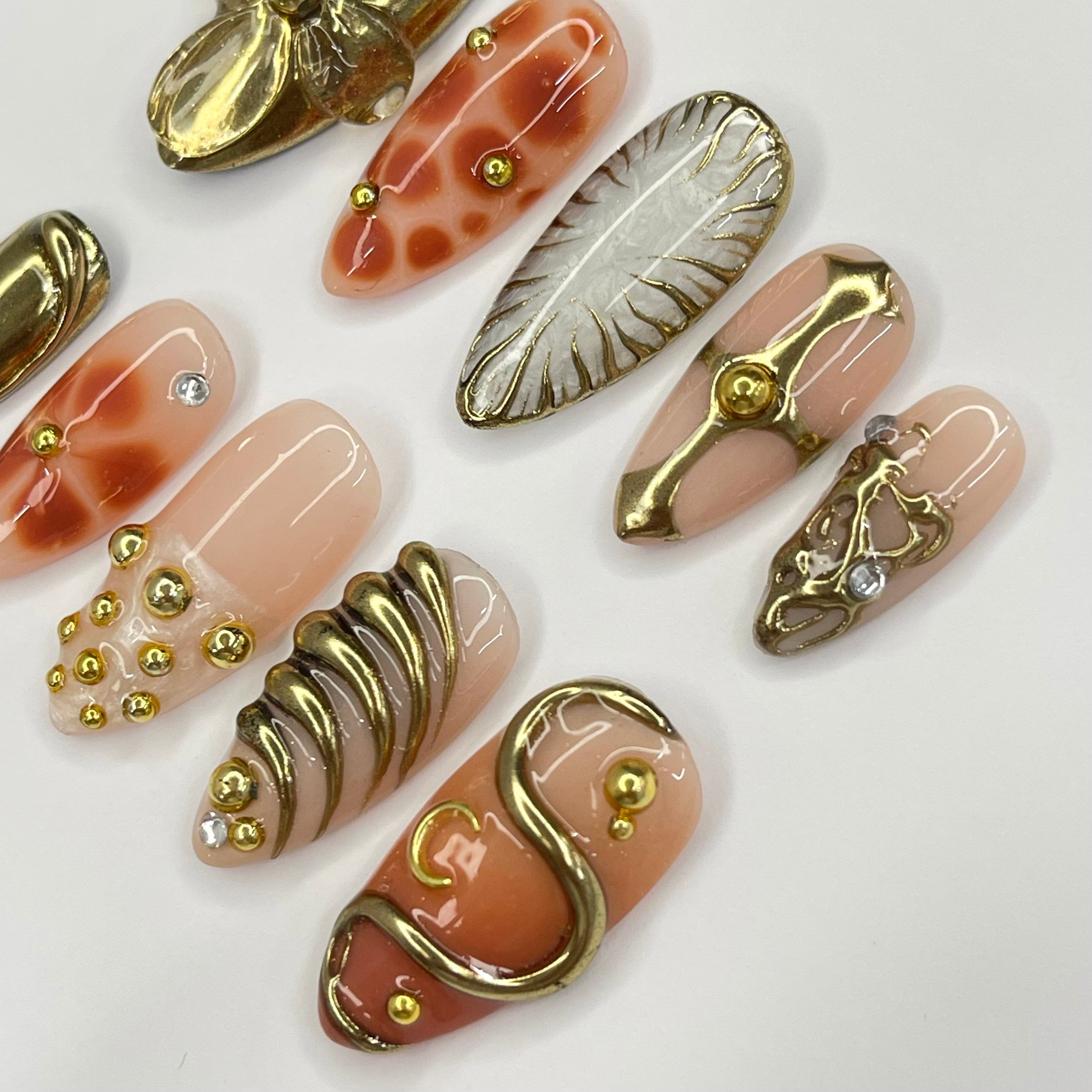 3D Flower With Gold Accent Freestyle Almond Press On Nails, 3D Gel Fairycore Fake Nails, Dreamy Nails for Birthday Vacation Holiday