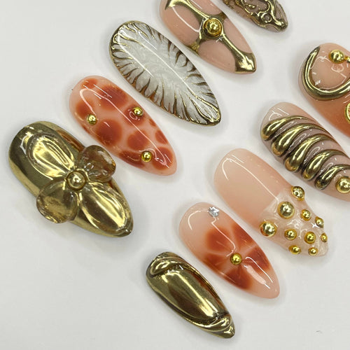 3D Flower With Gold Accent Freestyle Almond Press On Nails, 3D Gel Fairycore Fake Nails, Dreamy Nails for Birthday Vacation Holiday