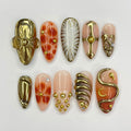 3D Flower With Gold Accent Freestyle Almond Press On Nails, 3D Gel Fairycore Fake Nails, Dreamy Nails for Birthday Vacation Holiday