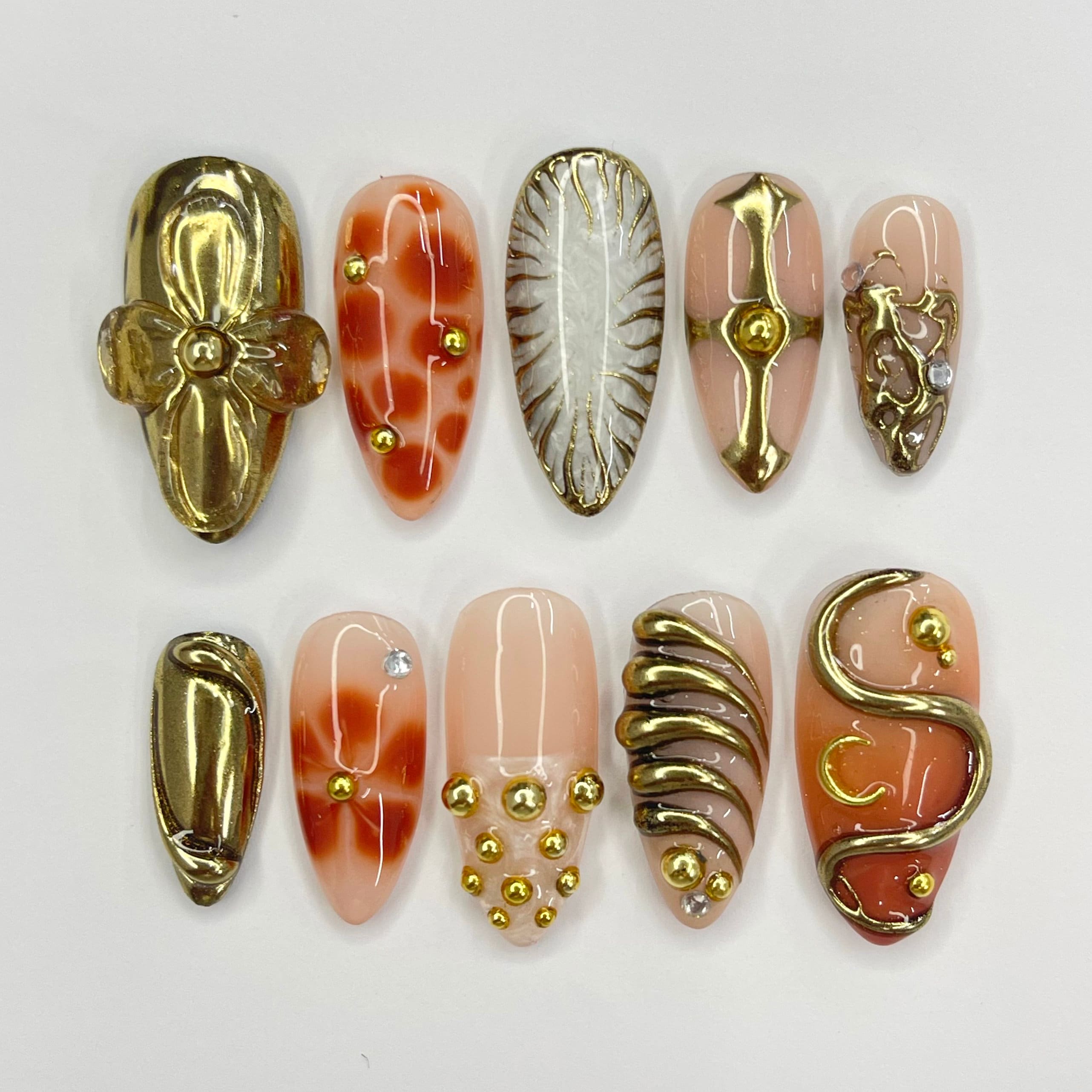 3D Flower With Gold Accent Freestyle Almond Press On Nails, 3D Gel Fairycore Fake Nails, Dreamy Nails for Birthday Vacation Holiday