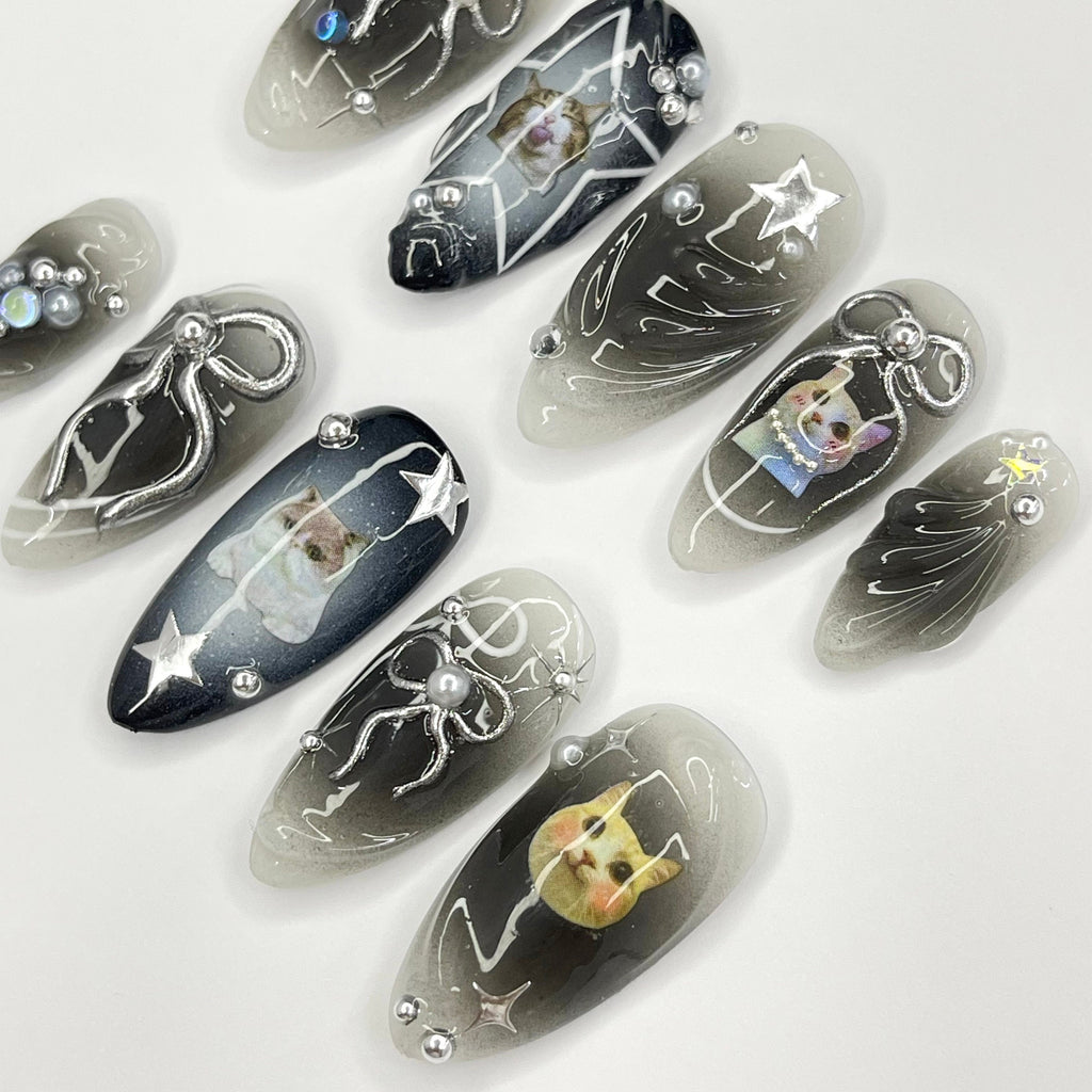 Black Cat Aura Medium Almond Press On Nails, 3D Gel Fairycore Fake Nails, Dreamy Nails for Birthday Vacation Holiday