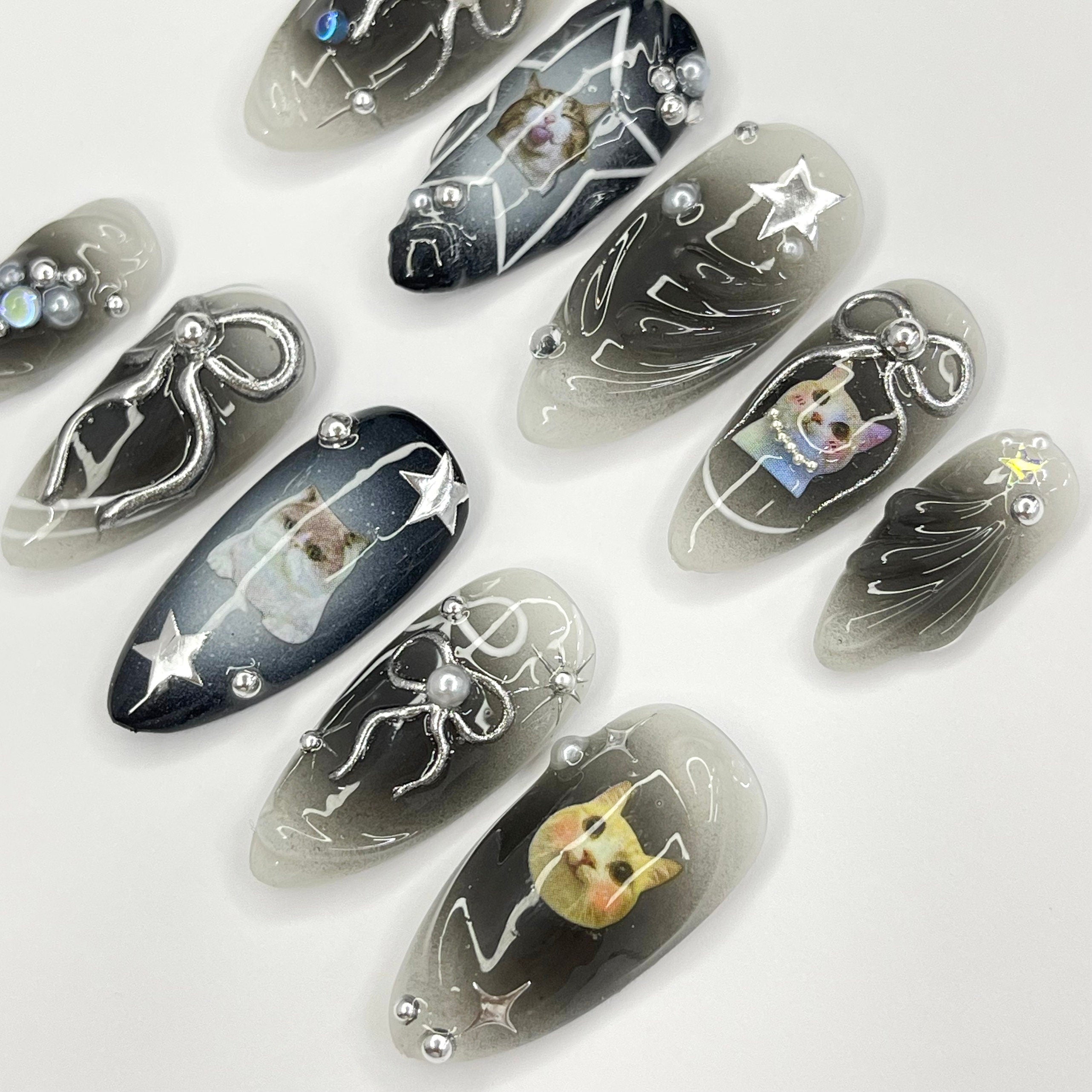 Black Cat Aura Medium Almond Press On Nails, 3D Gel Fairycore Fake Nails, Dreamy Nails for Birthday Vacation Holiday