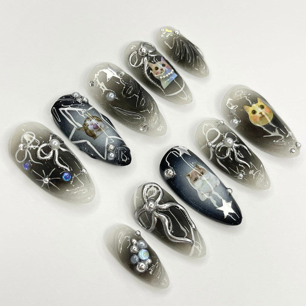 Black Cat Aura Medium Almond Press On Nails, 3D Gel Fairycore Fake Nails, Dreamy Nails for Birthday Vacation Holiday