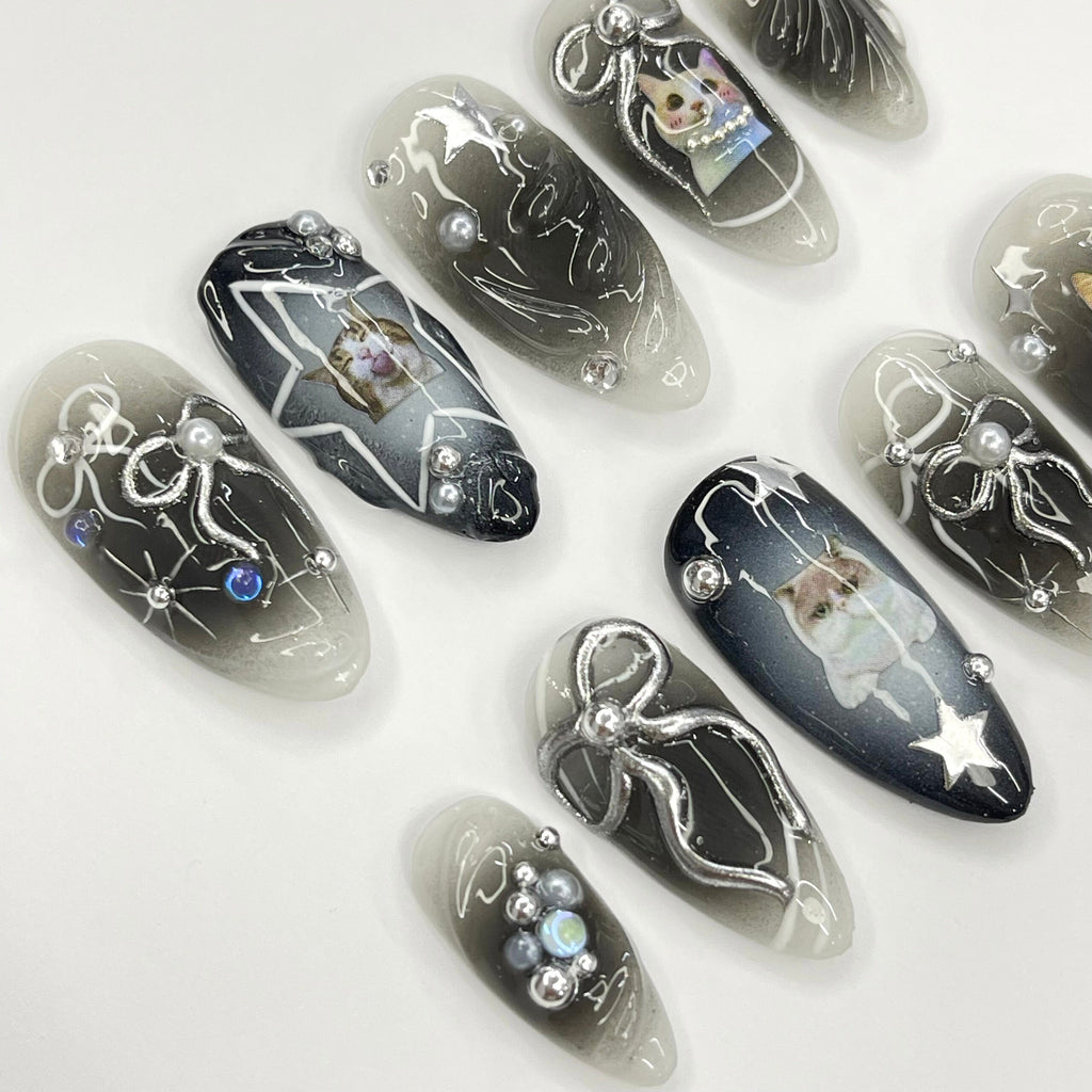 Black Cat Aura Medium Almond Press On Nails, 3D Gel Fairycore Fake Nails, Dreamy Nails for Birthday Vacation Holiday