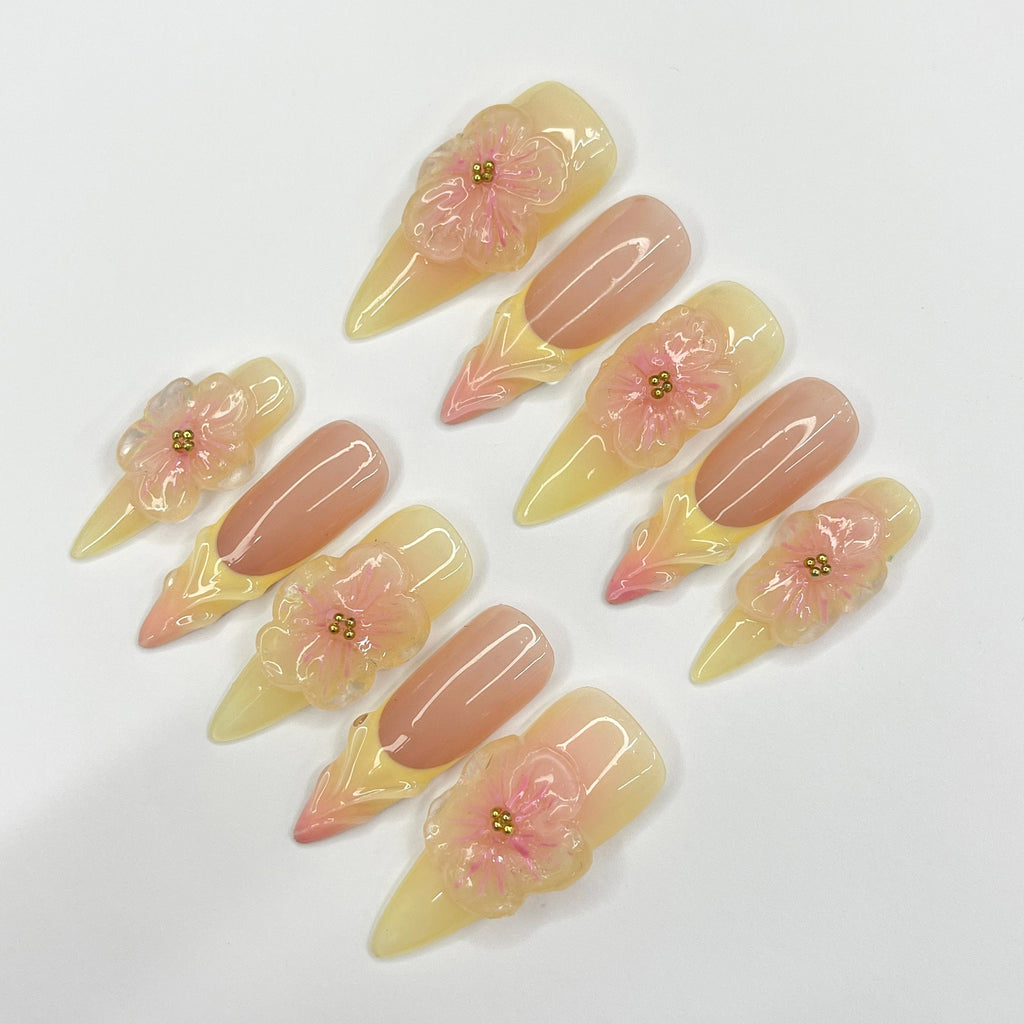 Fairy Dream Flower Garden Long Almond Press On Nails, 3D Gel Fairycore Fake Nails, Dreamy Nails for Birthday Vacation Holiday