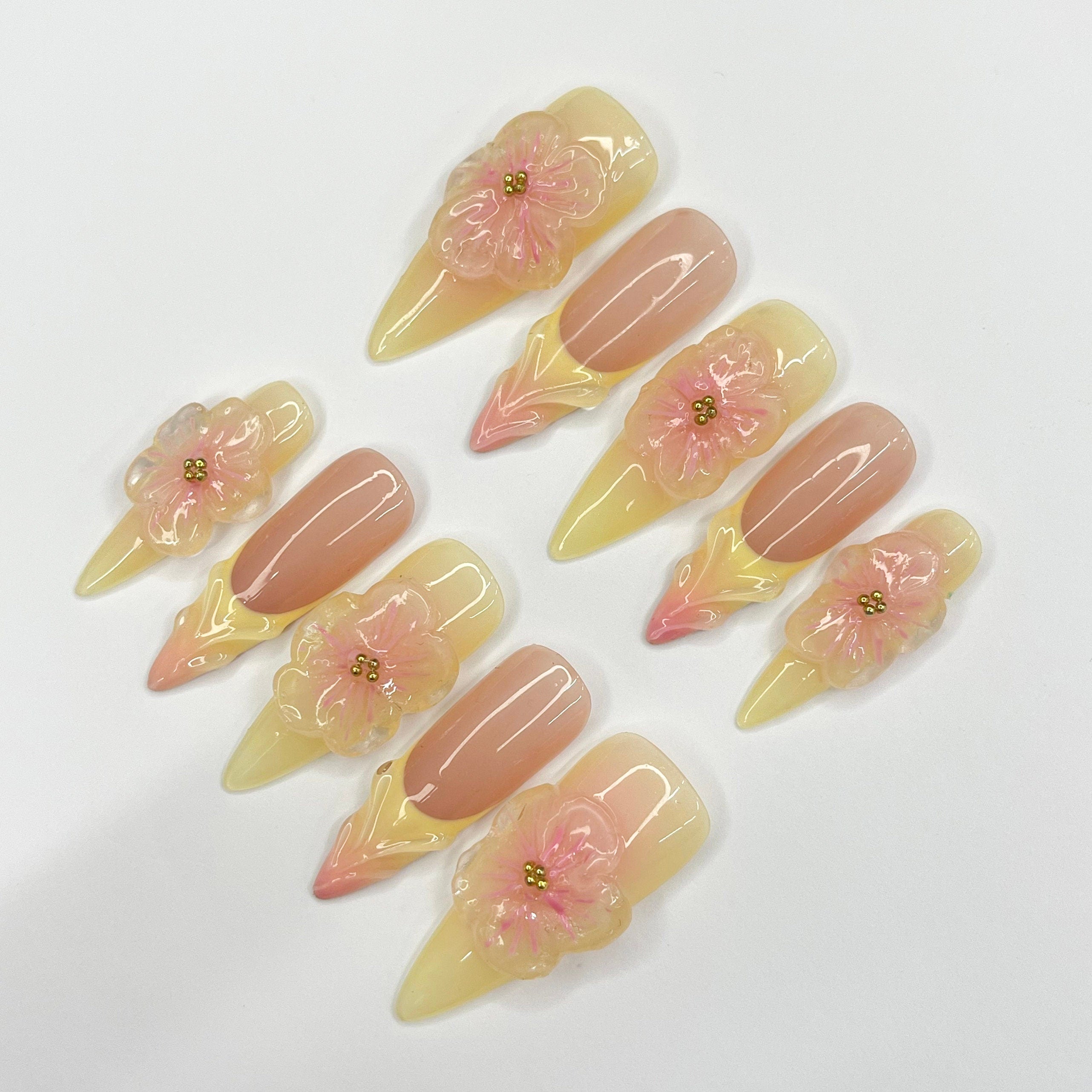Fairy Dream Flower Garden Long Almond Press On Nails, 3D Gel Fairycore Fake Nails, Dreamy Nails for Birthday Vacation Holiday