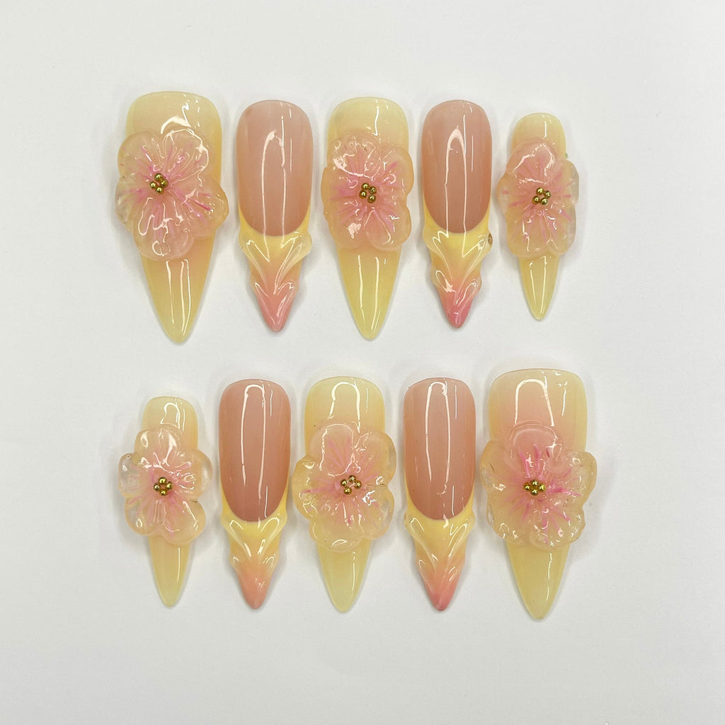 Fairy Dream Flower Garden Long Almond Press On Nails, 3D Gel Fairycore Fake Nails, Dreamy Nails for Birthday Vacation Holiday