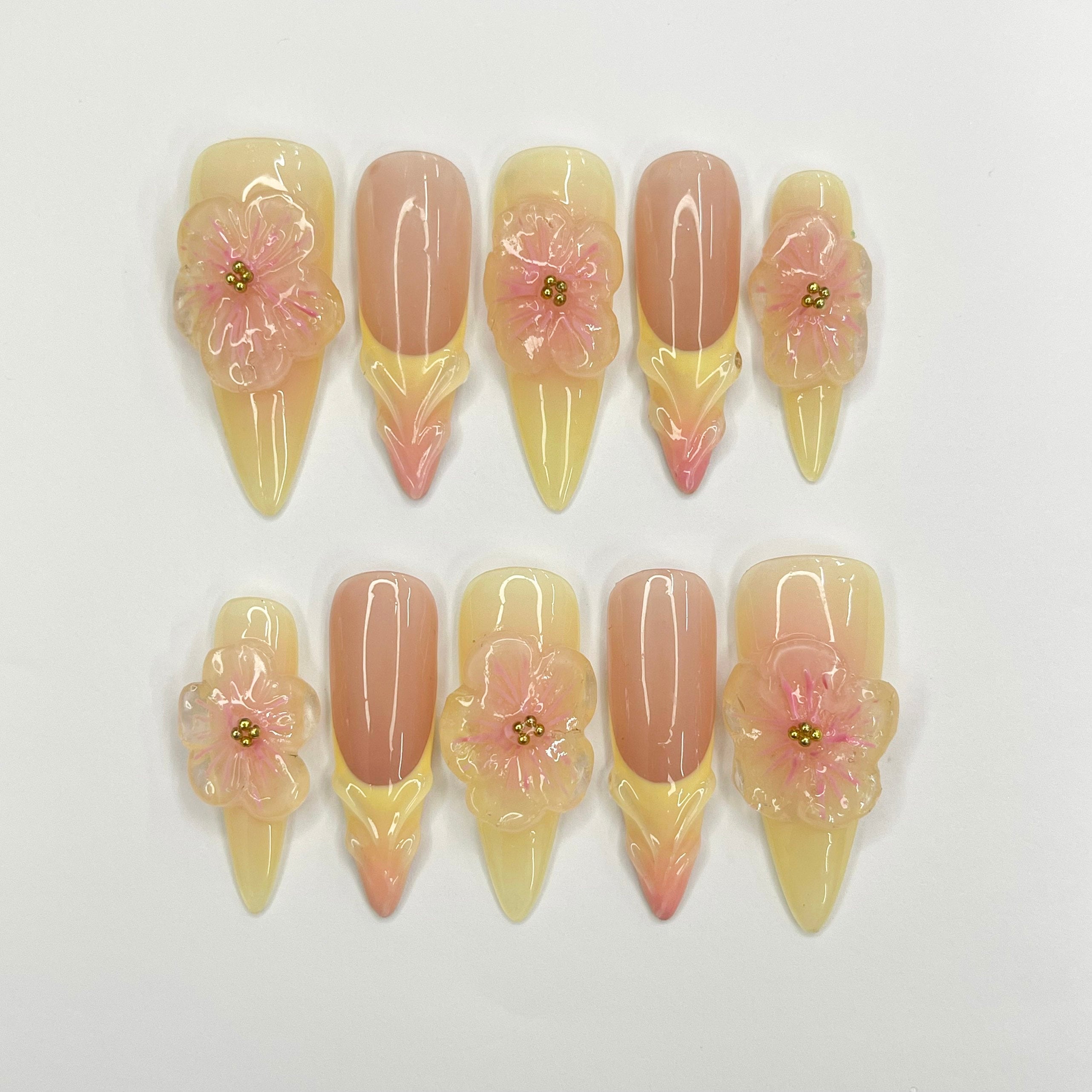 Fairy Dream Flower Garden Long Almond Press On Nails, 3D Gel Fairycore Fake Nails, Dreamy Nails for Birthday Vacation Holiday