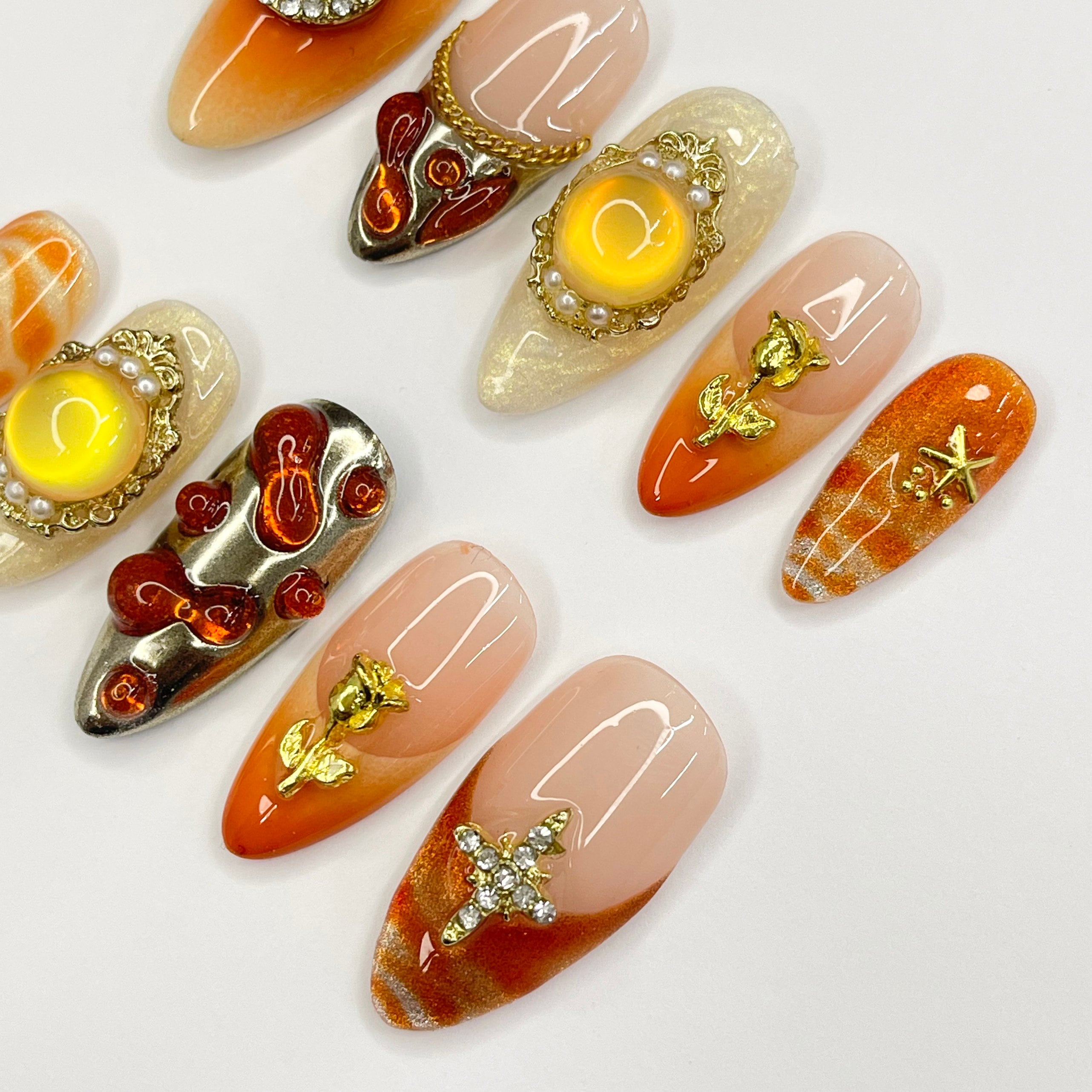 Freestyle Sunset Autumn Inspired Medium Almond Press On Nails, 3D Elegance Fake Nails, Unique Design Nails for Birthday Vacation Holiday