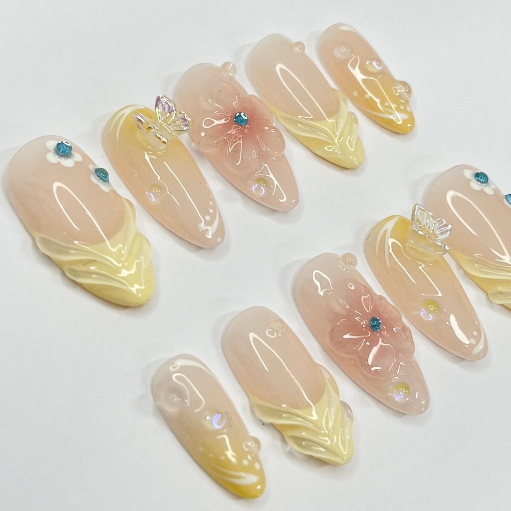 Fairy Dream Flower Garden Medium Almond Press On Nails, 3D Gel Fairycore Fake Nails, Dreamy Nails for Birthday Vacation Holiday