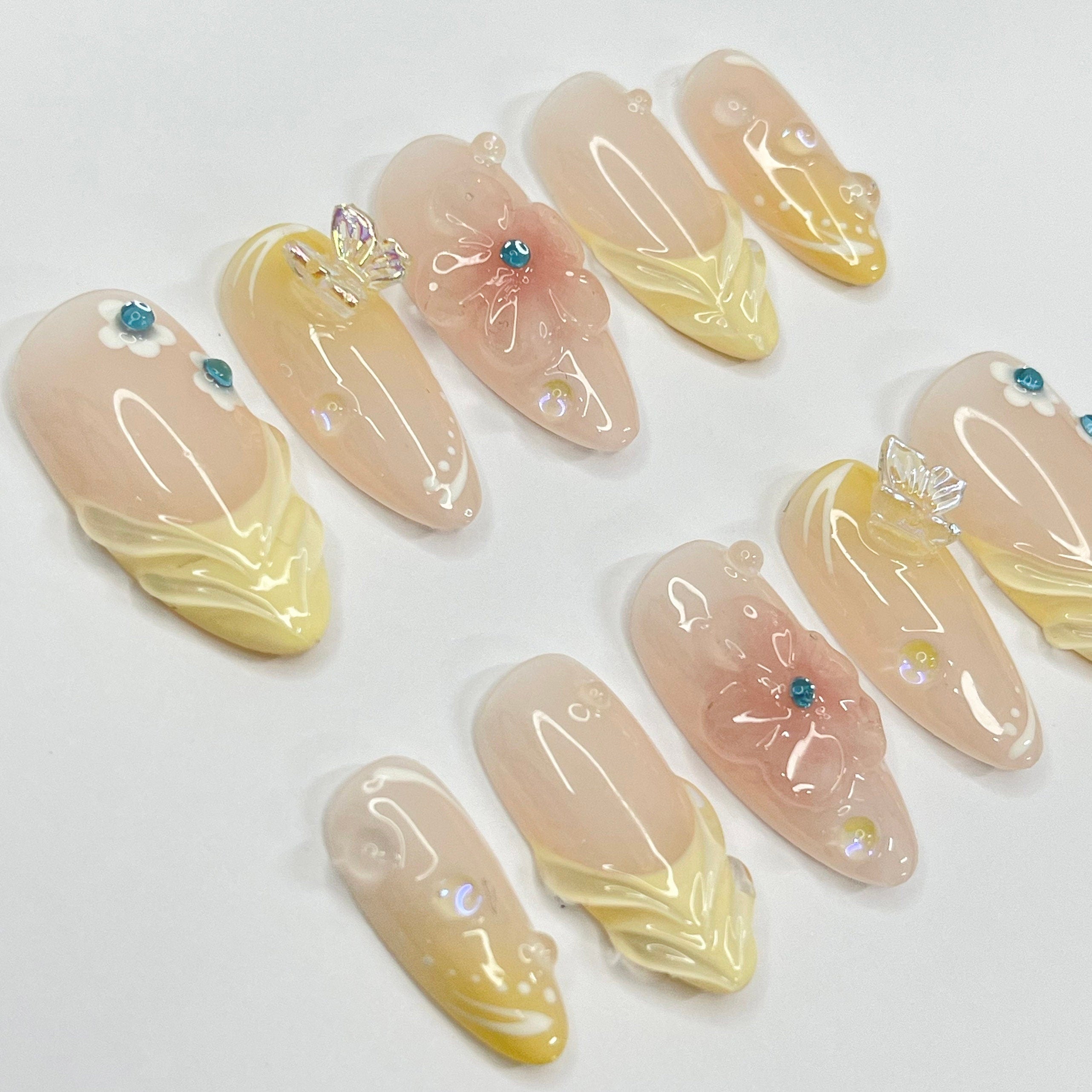 Fairy Dream Flower Garden Medium Almond Press On Nails, 3D Gel Fairycore Fake Nails, Dreamy Nails for Birthday Vacation Holiday
