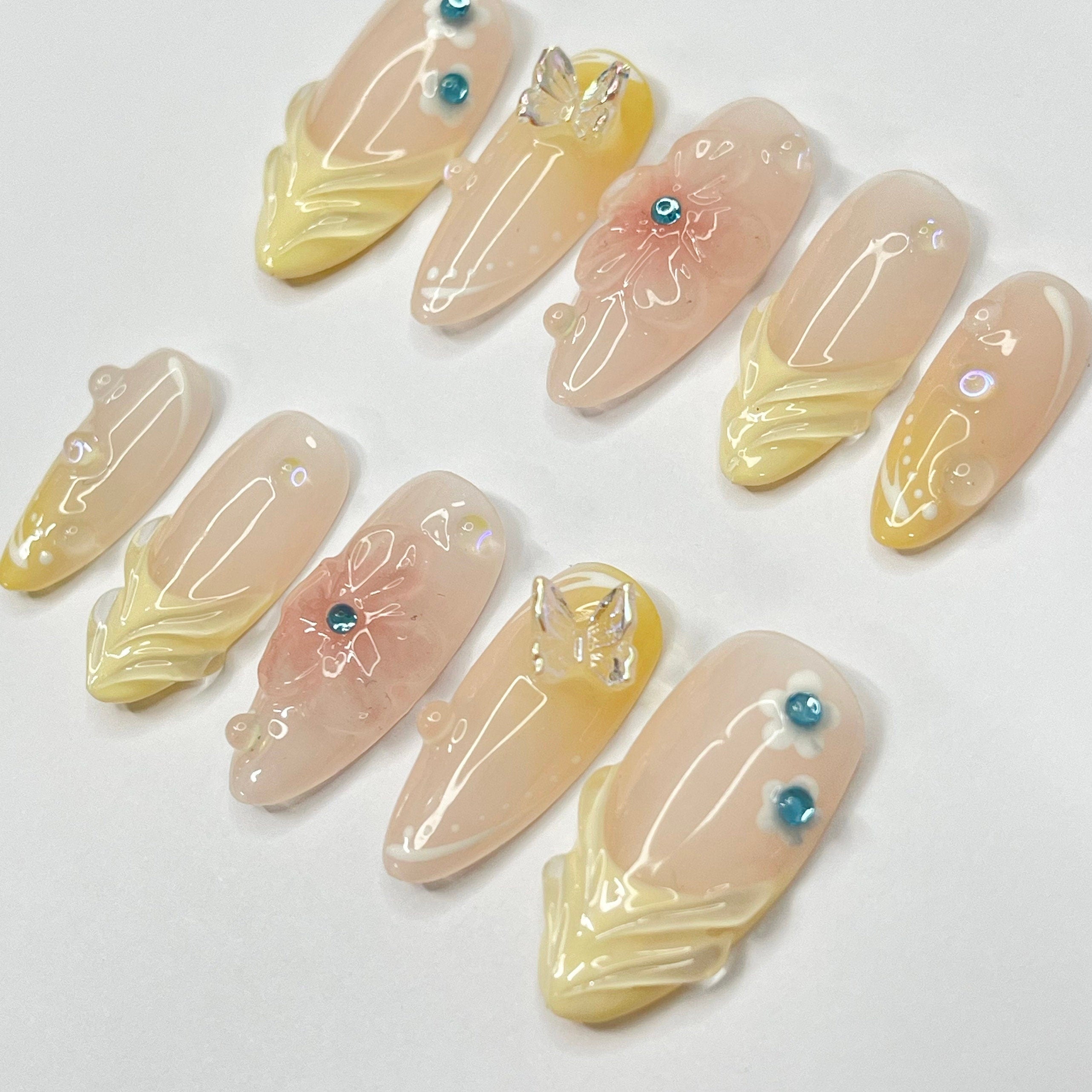 Fairy Dream Flower Garden Medium Almond Press On Nails, 3D Gel Fairycore Fake Nails, Dreamy Nails for Birthday Vacation Holiday