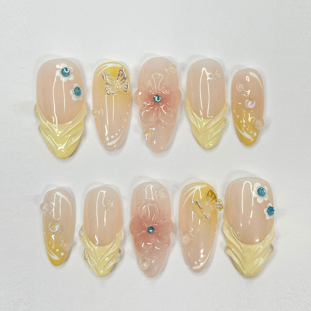 Fairy Dream Flower Garden Medium Almond Press On Nails, 3D Gel Fairycore Fake Nails, Dreamy Nails for Birthday Vacation Holiday