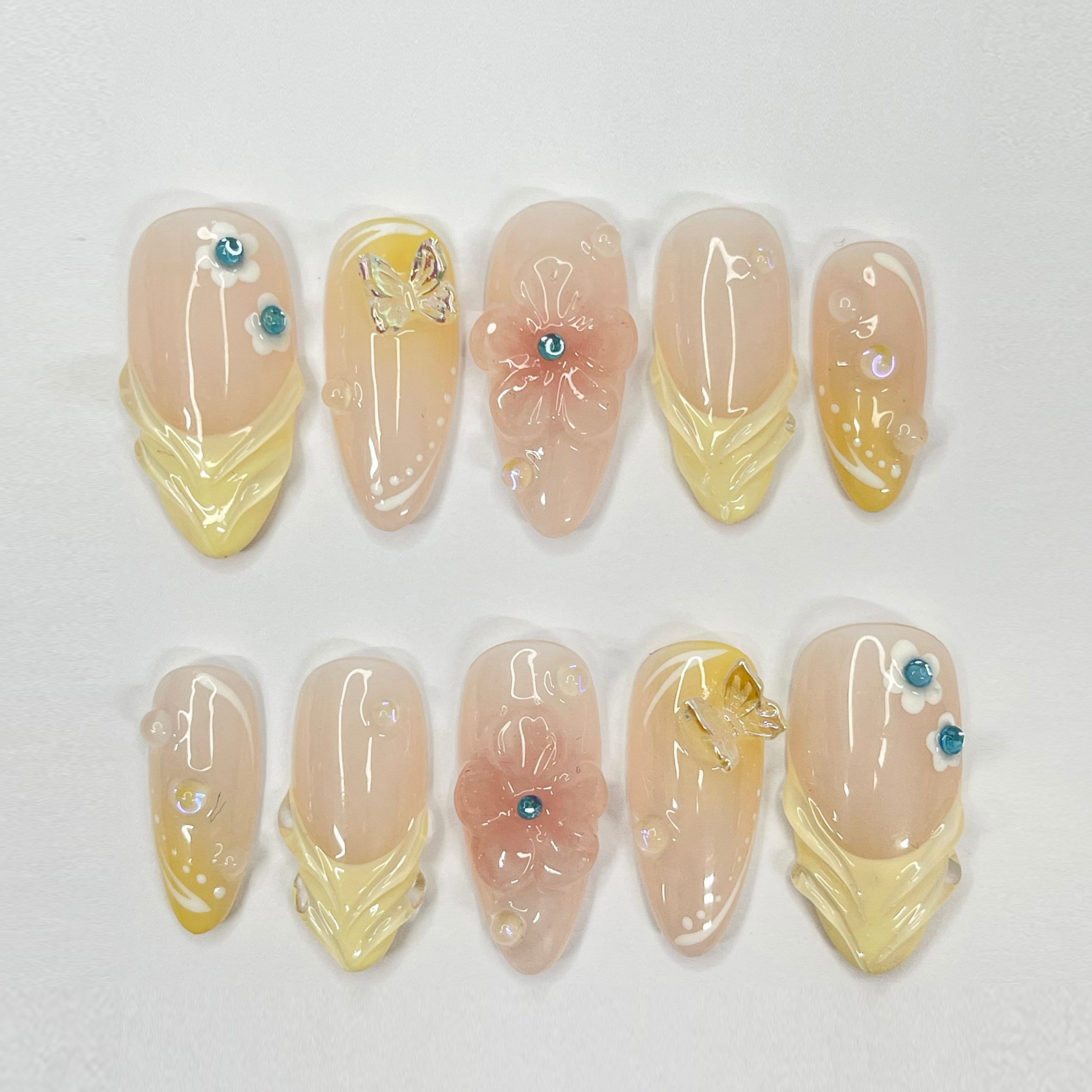 Fairy Dream Flower Garden Medium Almond Press On Nails, 3D Gel Fairycore Fake Nails, Dreamy Nails for Birthday Vacation Holiday