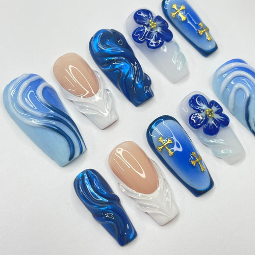 Bluewave With 3D Flower & White French Tip Medium Coffin Press On Nail, Unique Design Nail Art, Summer Nail for Holiday Vacation Prom Nail