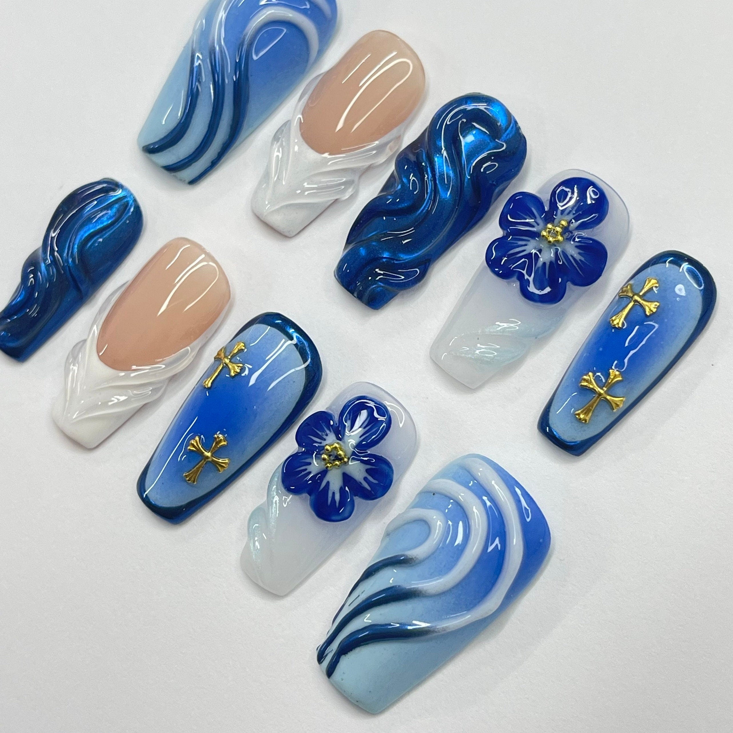 Bluewave With 3D Flower & White French Tip Medium Coffin Press On Nail, Unique Design Nail Art, Summer Nail for Holiday Vacation Prom Nail