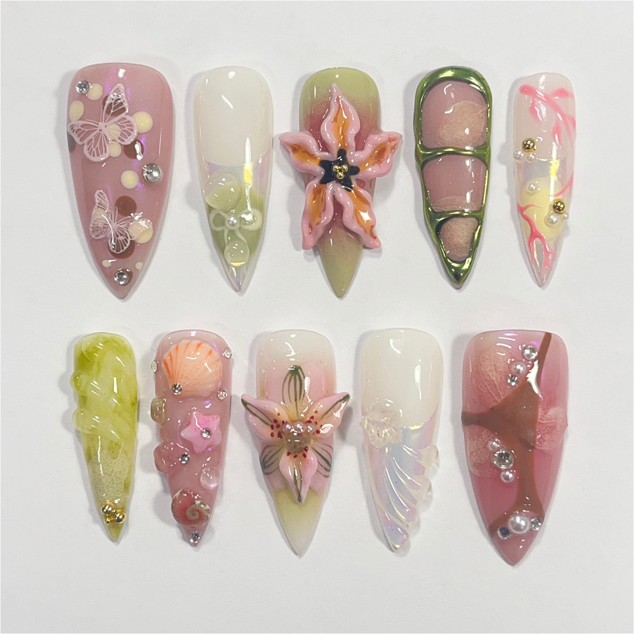 Fairy Dream Flower Garden Long Stiletto Press On Nails, 3D Gel Fairycore Fake Nails, Dreamy Nails for Birthday Vacation Holiday