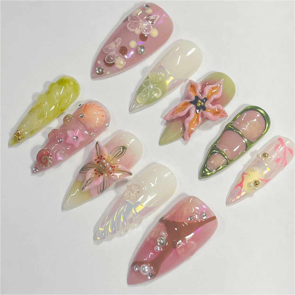 Fairy Dream Flower Garden Long Stiletto Press On Nails, 3D Gel Fairycore Fake Nails, Dreamy Nails for Birthday Vacation Holiday