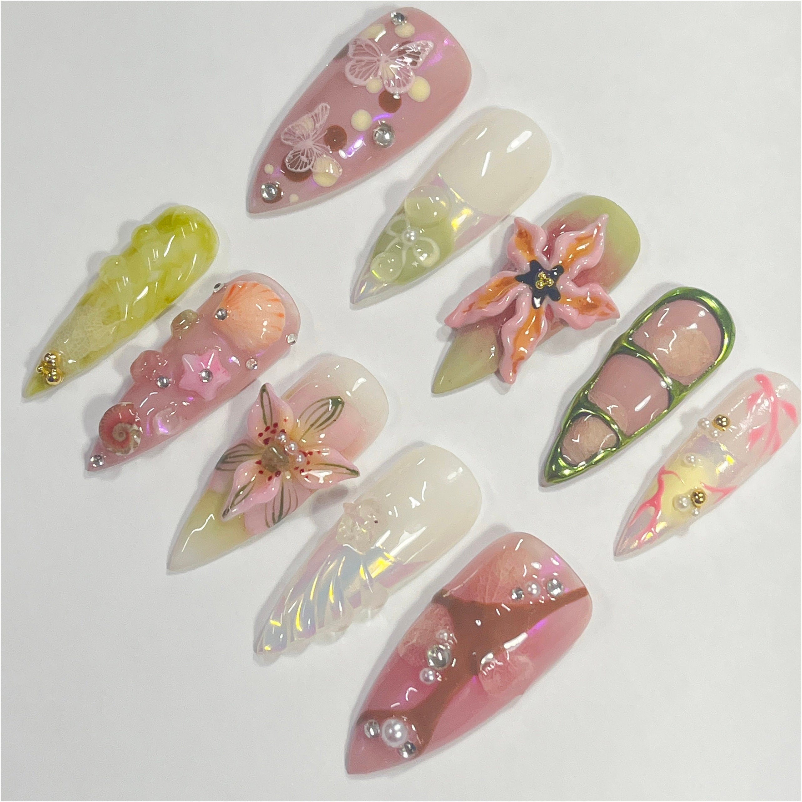 Fairy Dream Flower Garden Long Stiletto Press On Nails, 3D Gel Fairycore Fake Nails, Dreamy Nails for Birthday Vacation Holiday
