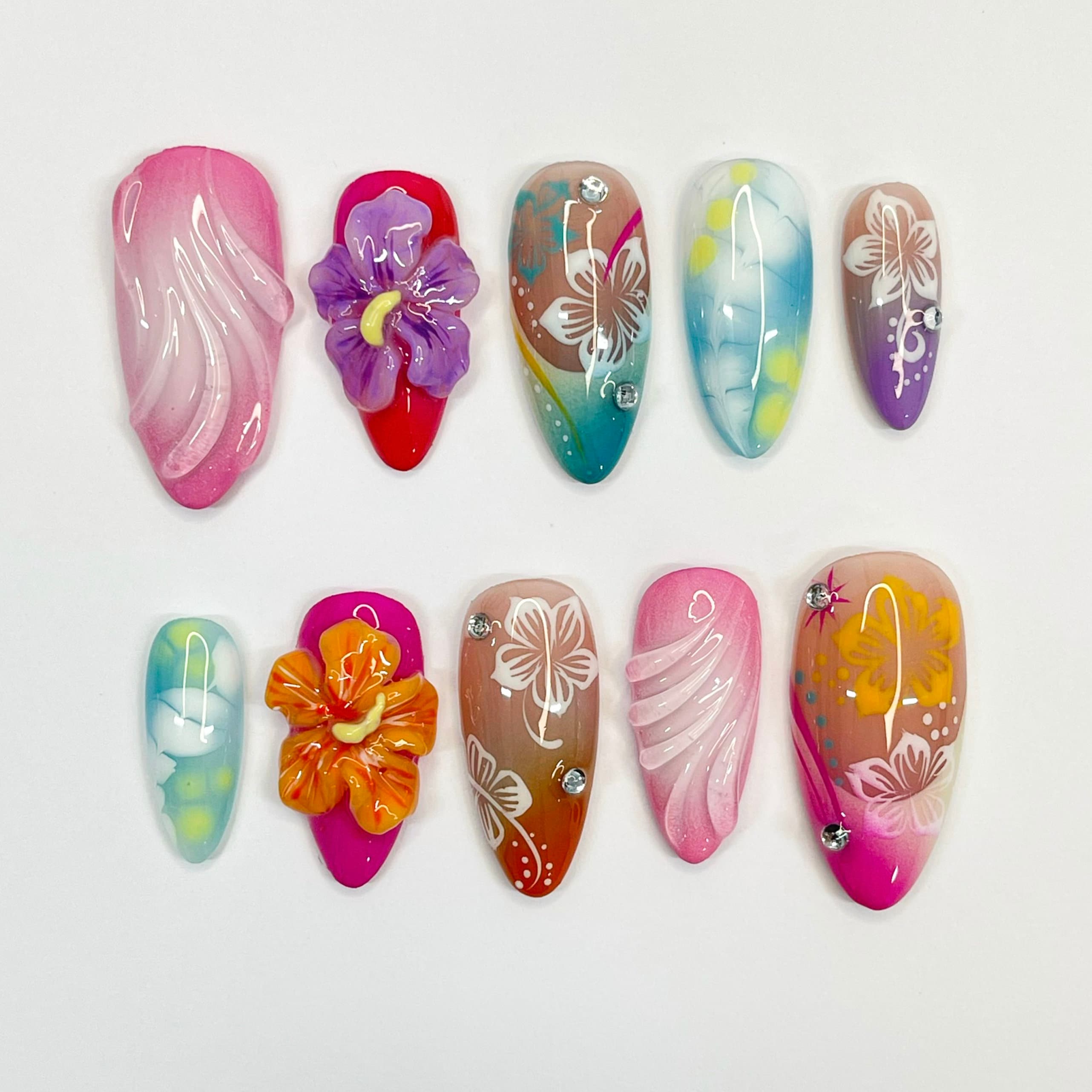 Trendy Colorful 3D Flower for Summer Medium Almond Press On Nail, Custom Design Nail Art,Fake/Flase Nail for Birthday Holiday Vacation Nail