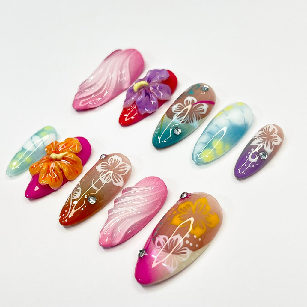 Trendy Colorful 3D Flower for Summer Medium Almond Press On Nail, Custom Design Nail Art,Fake/Flase Nail for Birthday Holiday Vacation Nail