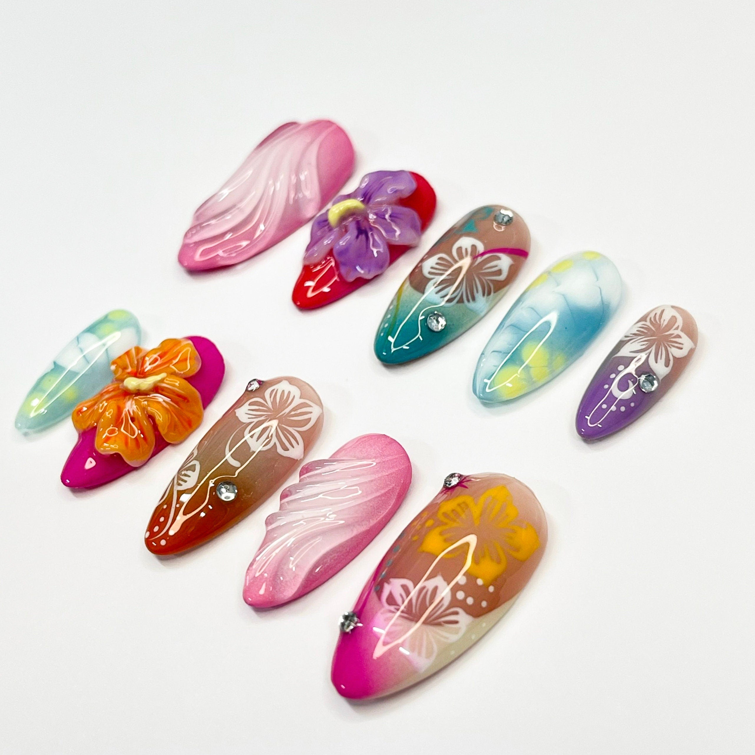 Trendy Colorful 3D Flower for Summer Medium Almond Press On Nail, Custom Design Nail Art,Fake/Flase Nail for Birthday Holiday Vacation Nail