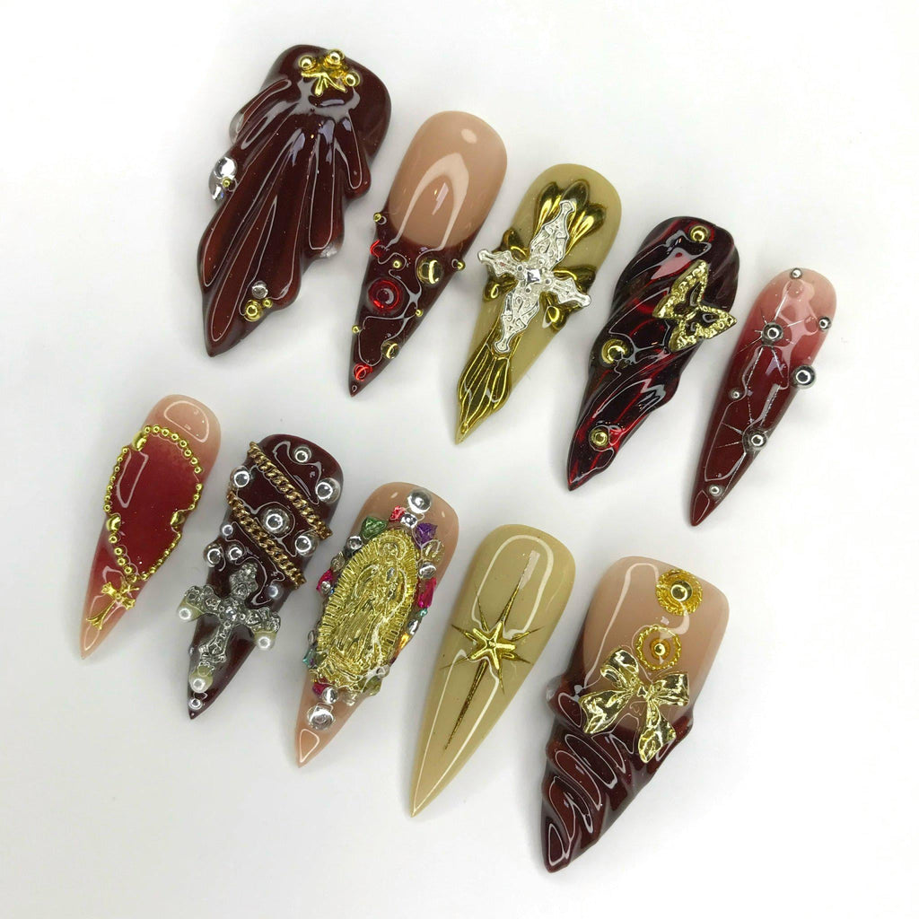 Red & Gold Renaissance Long Stiletto Press On Nails, Unique Design Royal Theme Fake Nail Art for Birthday, Holiday, Vacation, Gift For Her