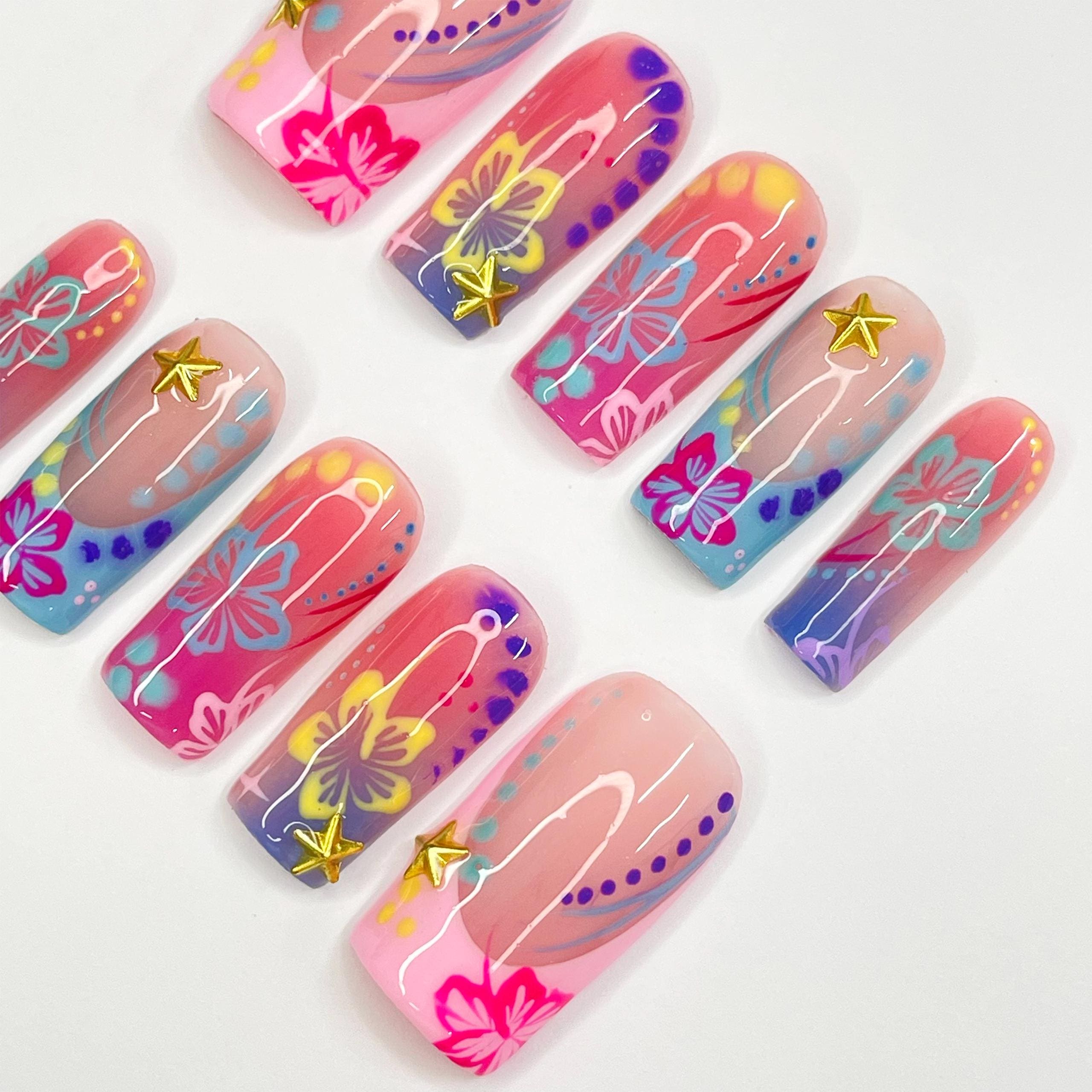 Unique Colorful Flower Medium Square Press On Nail, Custom Design Nail Art, Fake Nail for Birthday, Holiday Vacation Nail, Gift For Her