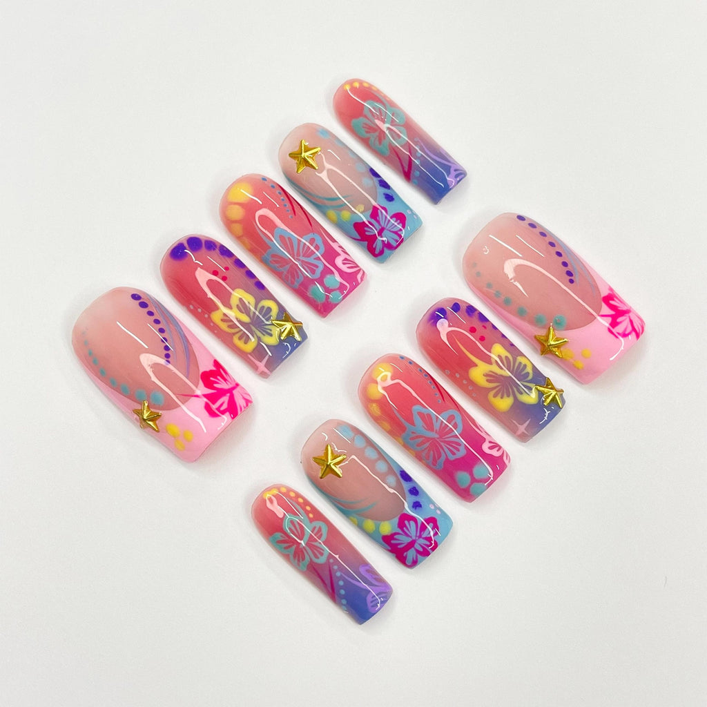 Unique Colorful Flower Medium Square Press On Nail, Custom Design Nail Art, Fake Nail for Birthday, Holiday Vacation Nail, Gift For Her