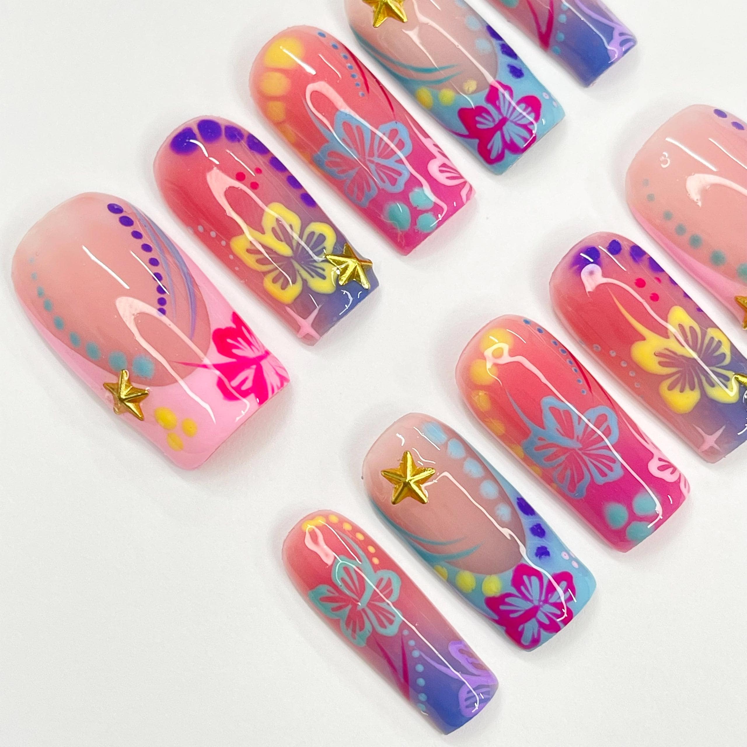 Unique Colorful Flower Medium Square Press On Nail, Custom Design Nail Art, Fake Nail for Birthday, Holiday Vacation Nail, Gift For Her