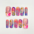 Unique Colorful Flower Medium Square Press On Nail, Custom Design Nail Art, Fake Nail for Birthday, Holiday Vacation Nail, Gift For Her
