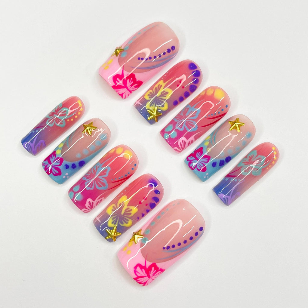 Unique Colorful Flower Medium Square Press On Nail, Custom Design Nail Art, Fake Nail for Birthday, Holiday Vacation Nail, Gift For Her