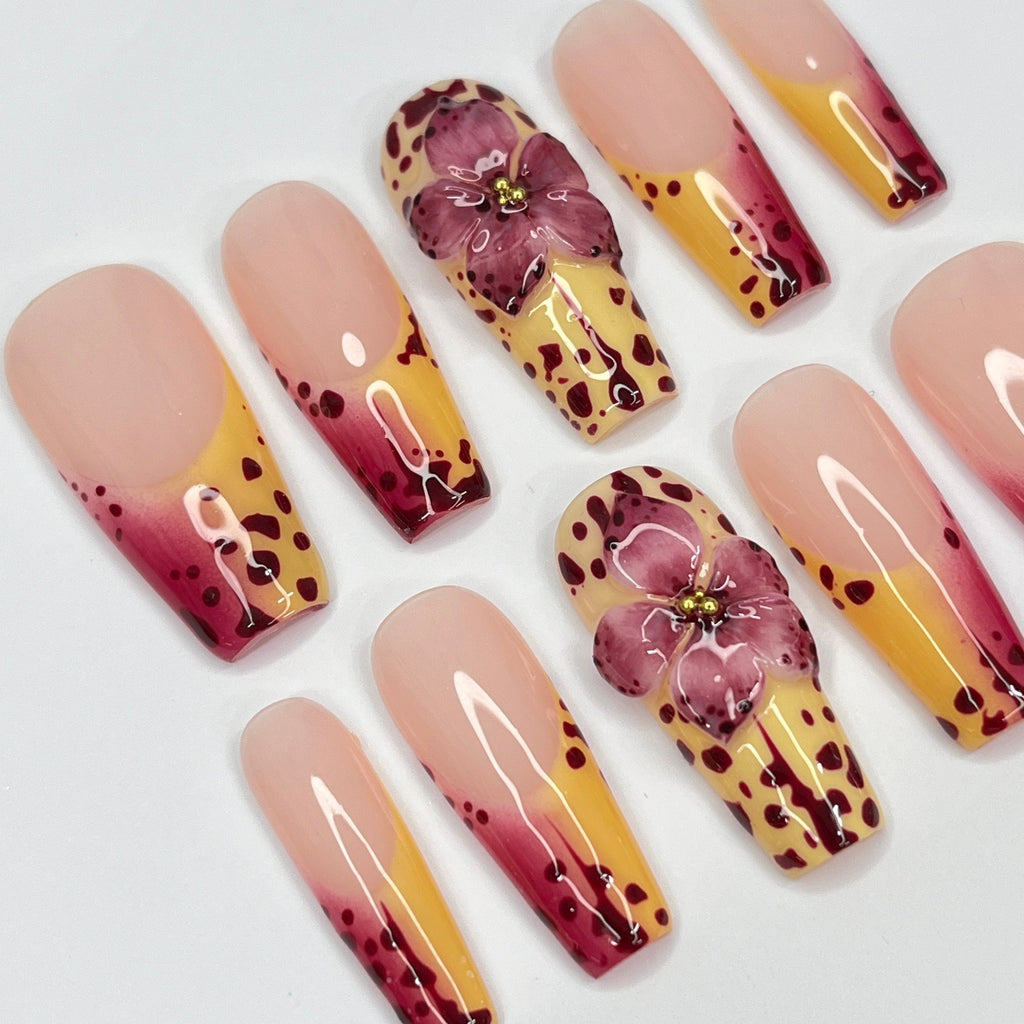 3D Orchid Inspired Long Coffin Press On Nails, Floral French Tip Fake Nail Art, Unique Nail for Birthday Vacation Holiday