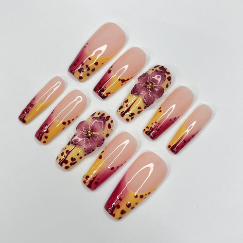 3D Orchid Inspired Long Coffin Press On Nails, Floral French Tip Fake Nail Art, Unique Nail for Birthday Vacation Holiday