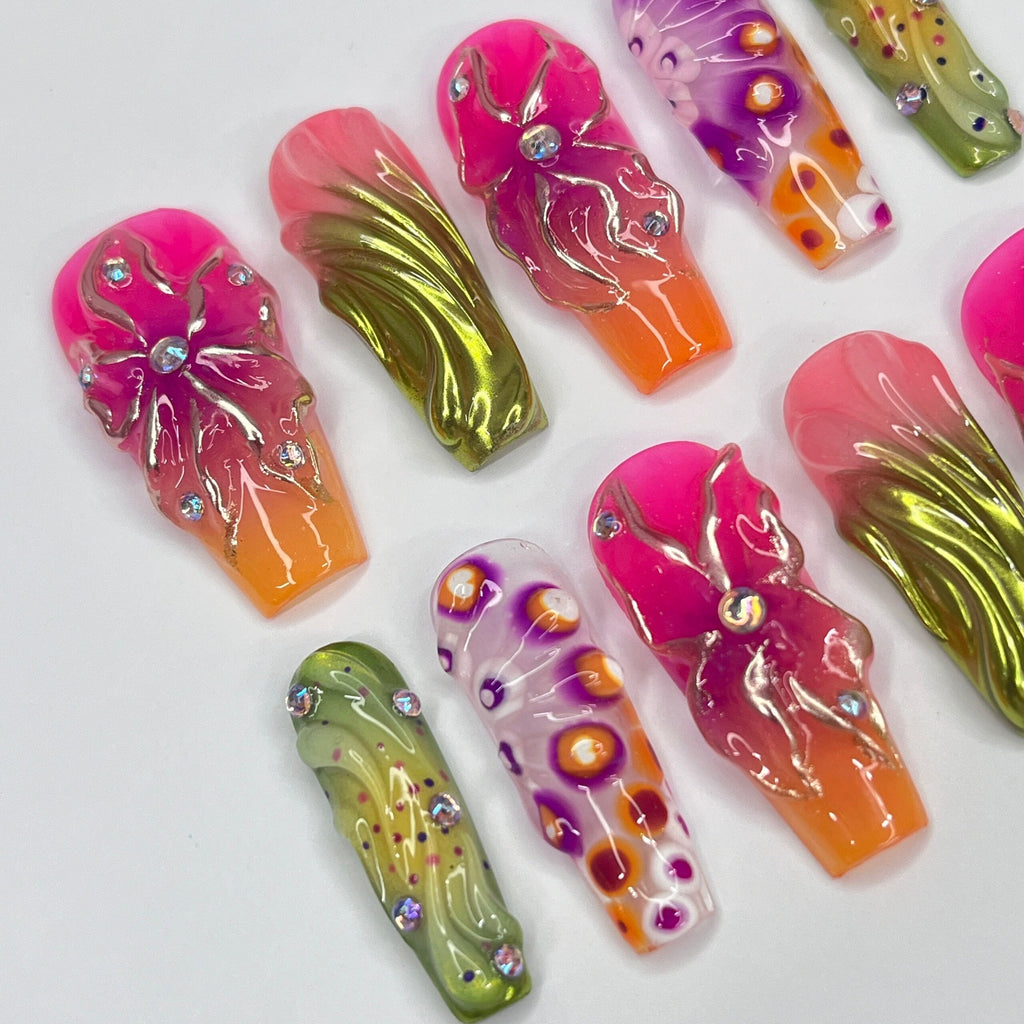 Colorful FairyCore Long Coffin Press On Nails, 3D Gel Fairycore Fake Nails, Dreamy Nails for Birthday Vacation Holiday