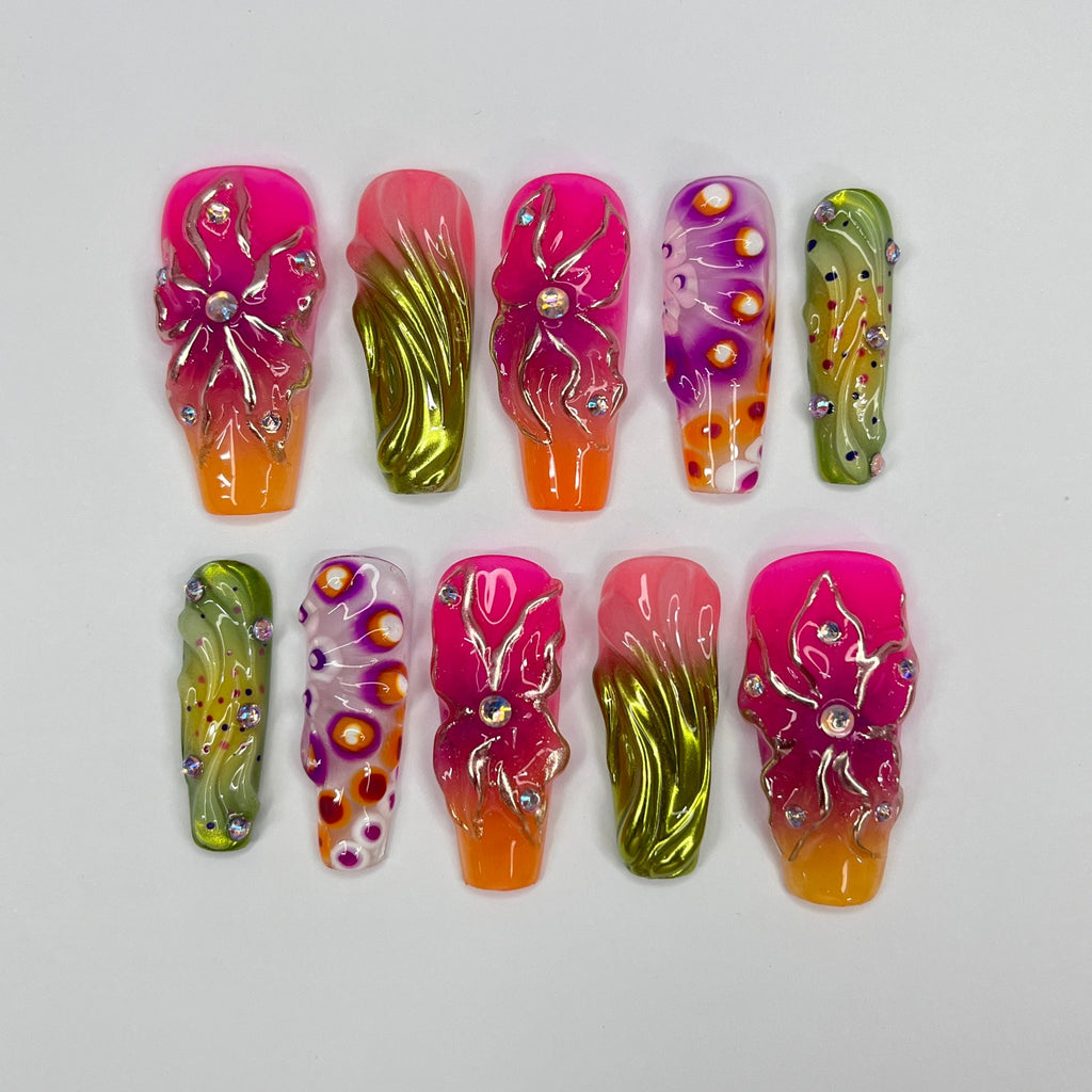 Colorful FairyCore Long Coffin Press On Nails, 3D Gel Fairycore Fake Nails, Dreamy Nails for Birthday Vacation Holiday
