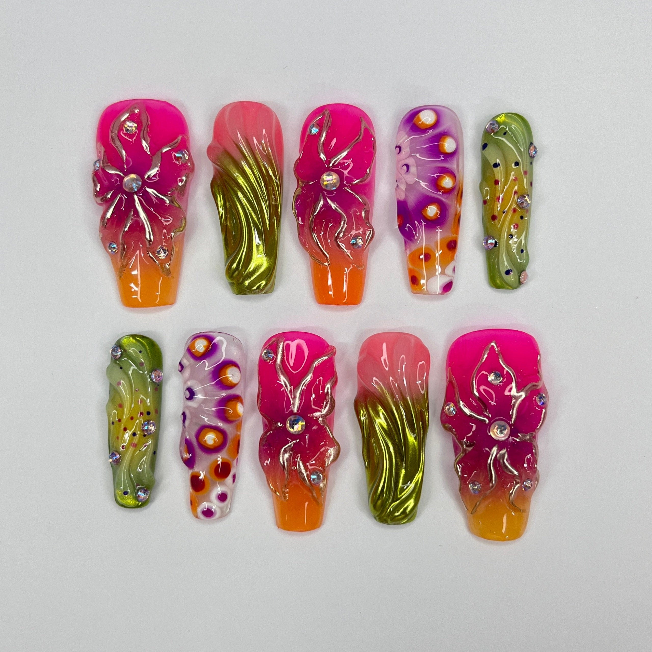 Colorful FairyCore Long Coffin Press On Nails, 3D Gel Fairycore Fake Nails, Dreamy Nails for Birthday Vacation Holiday