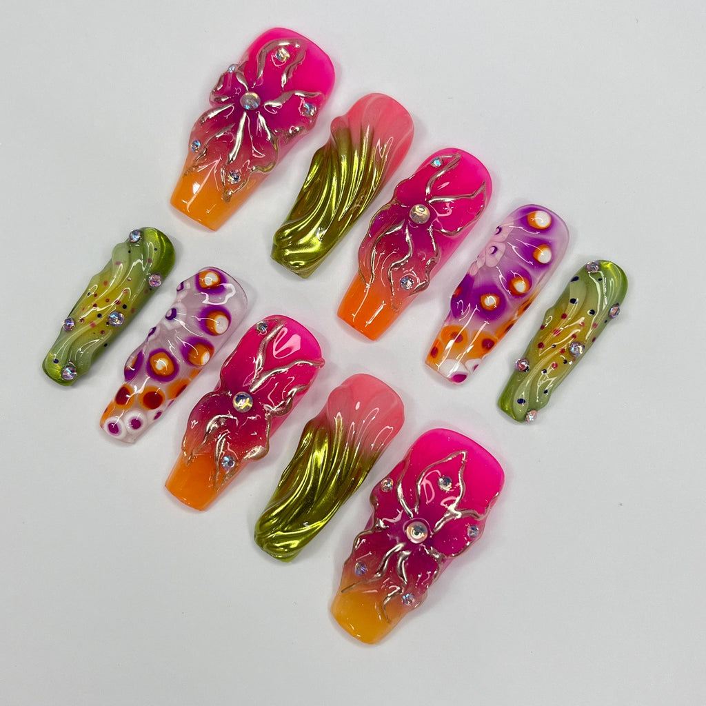 Colorful FairyCore Long Coffin Press On Nails, 3D Gel Fairycore Fake Nails, Dreamy Nails for Birthday Vacation Holiday
