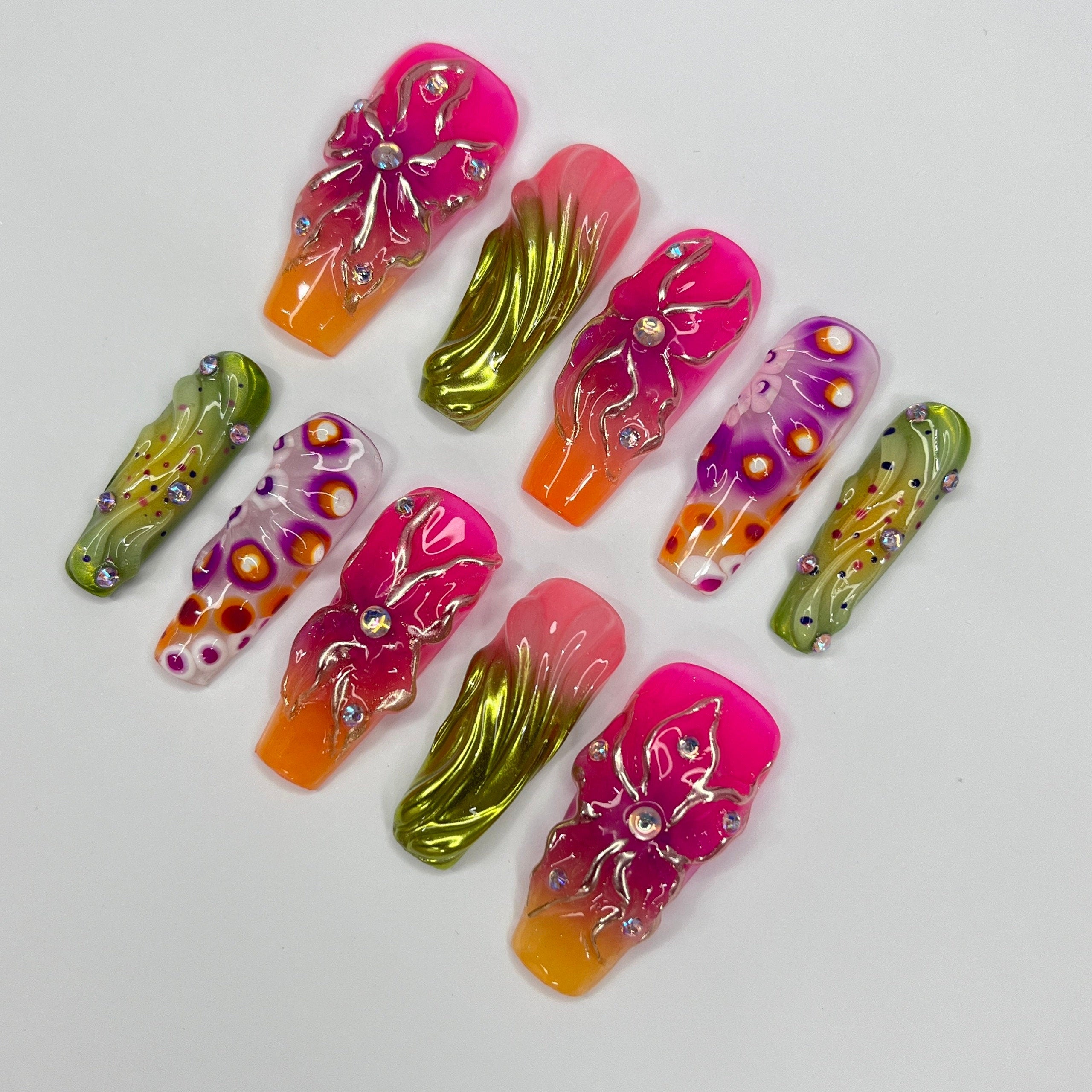 Colorful FairyCore Long Coffin Press On Nails, 3D Gel Fairycore Fake Nails, Dreamy Nails for Birthday Vacation Holiday