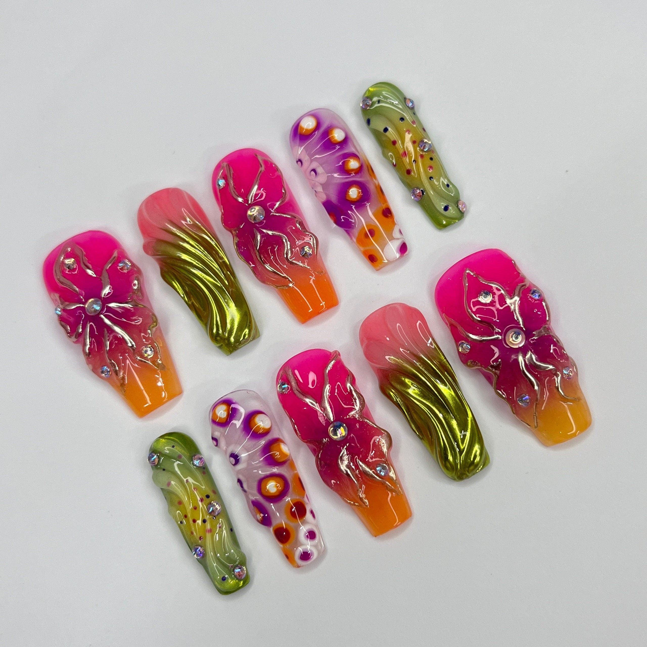 Colorful FairyCore Long Coffin Press On Nails, 3D Gel Fairycore Fake Nails, Dreamy Nails for Birthday Vacation Holiday