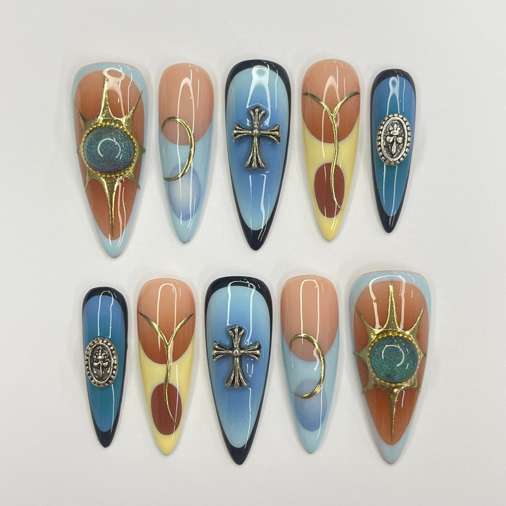 Summer Color Blue & Yellow Aura French Tip Long Almond Press On Nails, 3D Gel Fake Nails, Unique Design Nails for Birthday Vacation Holiday