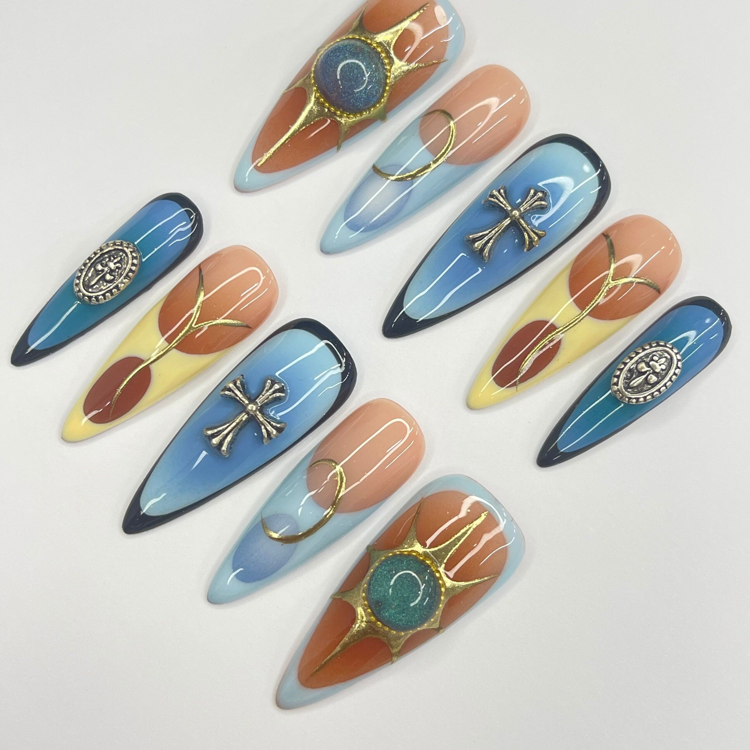 Summer Color Blue & Yellow Aura French Tip Long Almond Press On Nails, 3D Gel Fake Nails, Unique Design Nails for Birthday Vacation Holiday